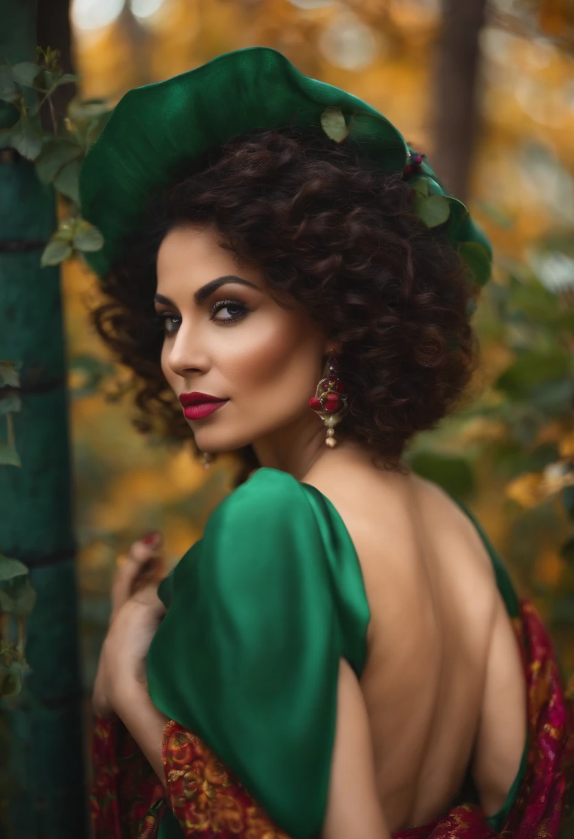 A close up of a woman wearing a green hat and dress - SeaArt AI