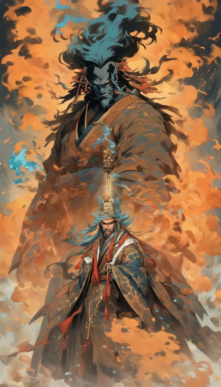 middle aged man, Evil painting style, A high resolution, Black color hair, Half is a demon body,Half is the devil face, Chinese Warrior, Delicate three-dimensional blue flame demon face, sbeard, Wearing a hat, Expression of anger, Perfect body proportions, kaftan, Black and white robes, A scabbard hangs from his waist, Handsome, Full body view, standing on your feet, (White background:1.3), swordsman, He held a long knife that was wide and heavy in his hand。, Face the lens, (Blackn clothes:0.8), High detail, Masterpiece, ccurate, Anatomically correct, Textured skin