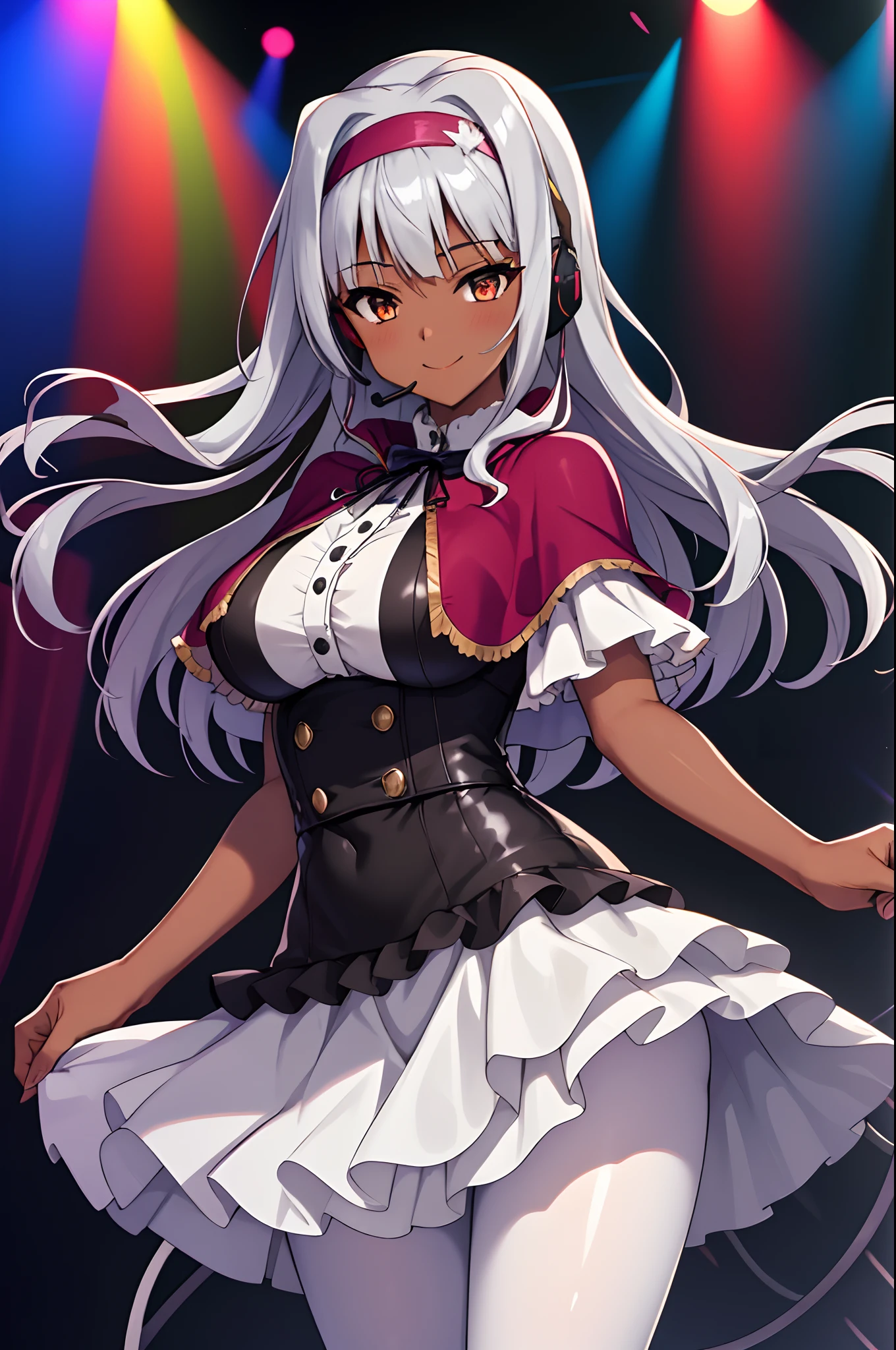 (masterpiece, best quality:1.2), cowboy shot, solo, 1girl, Takane Shijou, headband, grey hair, smile, looking at viewer, hands behind back, headset, frills, puffy sleeves, capelet, layered skirt, white pantyhose, concert, spotlight, on stage,  shiny glossy skin, BlackGirl, very dark skin, dark-skinned female