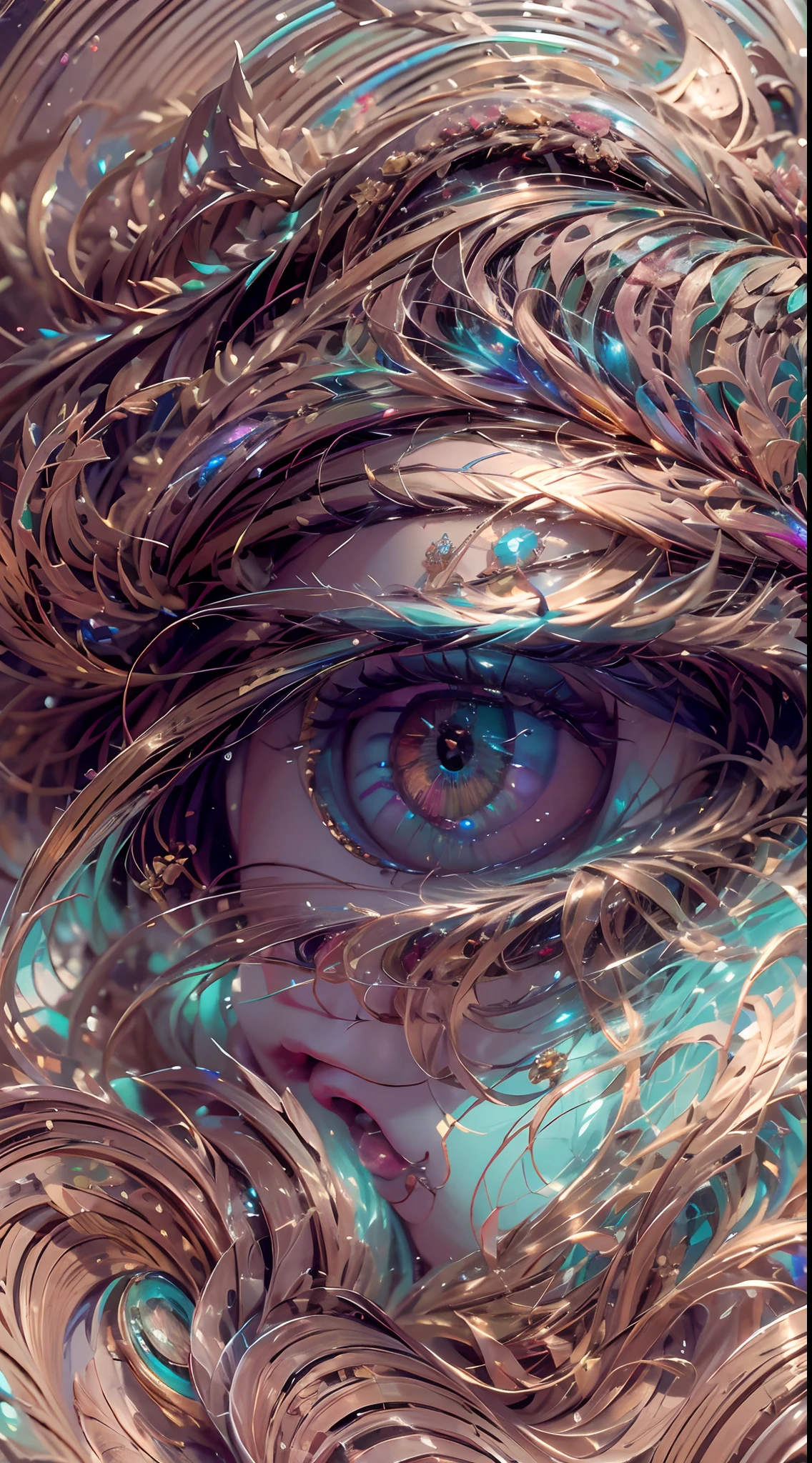 (best qualtiy,ultra - detailed,Most Best Illustration,Best shadow,tmasterpiece,A high resolution,professionalartwork,famousartwork),Detailed eyes,beautidful eyes,closeup cleavage,sci-fy,colored sclera,Robot eyes,face markings,Tattooed with,(fractalized,Fractal eyes),largeeyes,Wide eyes,(Eye focus),sface focus,Cosmic eyes,Space eyes,Close-up of metal sculpture of a woman with a moon in her hair,goddes。extremly high detail,3 d goddess portrait,Extremely detailed footage of the goddess,a stunning portrait of a goddess,Side image of the goddess,portrait of a beautiful goddess,Full body close-up portrait of the goddess,hecate goddess,portrait of a norse moon goddess,goddess of space and time,pureerosface_v1,ulzzang-6500-v1.1,