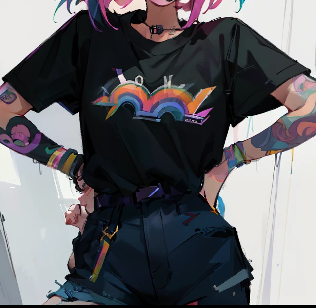 a woman wearing a black shirt with a rainbow - colored logo on it, a cartoon inspired by Winona Nelson, tumblr, aestheticism, grunge aesthetic!!! (, y2k aesthetic, y 2 k aesthetic, grunge aesthetic!!!, grunge aesthetic, extremely emotional, aesthetic!!!!!!!!, tumblr aesthetic, aesthetic!!!!, intensly emotional, colorful aesthetic, 90's aesthetic