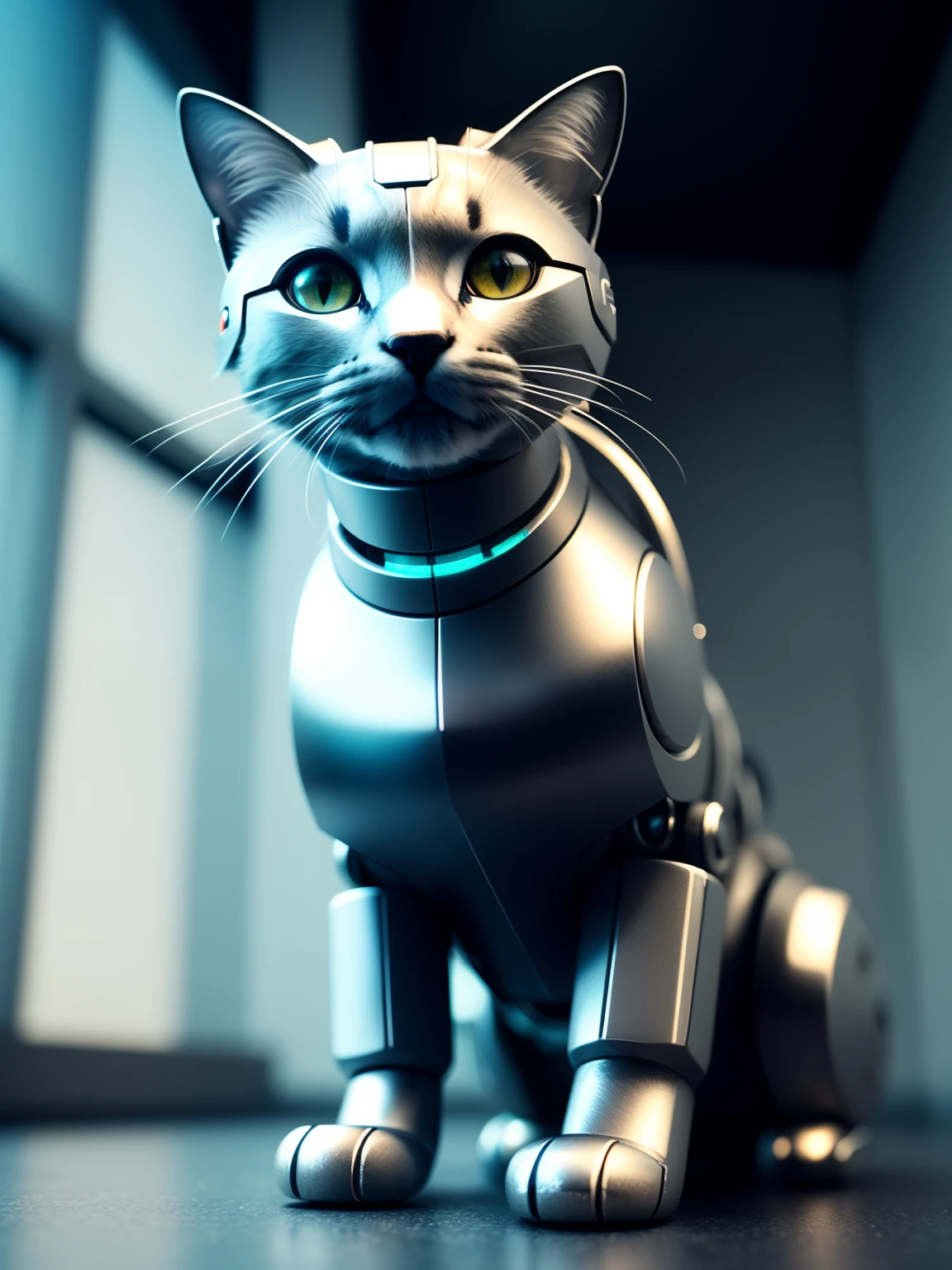 Cute cat made of metal, (cyborg: 1.1), ([tail | wire hinge]: 1.3), (complex details), hdr, (complex details, excessive details: 1.2), cinematic shot, vignette, middle