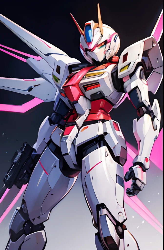 a drawing of a robot with a gun and a gun, streamlined pink armor, modern mecha anime, cool mecha style, female mecha, gundam armor, mobile suit, anime mech armor, # mecha, arasaka mech, eva unit-00 in the back, anime manga robot!! anime girl, an anime large mecha robot, gundam style