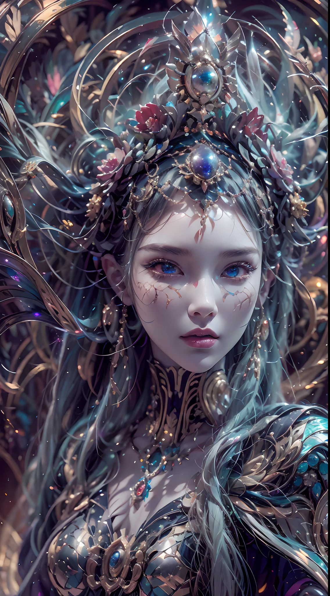 （best qualtiy，ultra - detailed，Most Best Illustration，Best shadow，tmasterpiece，A high resolution，professionalartwork，famousartwork），Detailed eyes，beautidful eyes，closeup cleavage，sci-fy，colored sclera，Robot eyes，face markings，Tattooed with，（fractalized，Fractal eyes），largeeyes，Wide eyes，（Eye focus），sface focus，Cosmic eyes，Space eyes，Close-up of metal sculpture of a woman with a moon in her hair，goddes。extremly high detail，3 d goddess portrait，Extremely detailed footage of the goddess，a stunning portrait of a goddess，Side image of the goddess，portrait of a beautiful goddess，Full body close-up portrait of the goddess，hecate goddess，portrait of a norse moon goddess，goddess of space and time，pureerosface_v1，ulzzang-6500-v1.1，