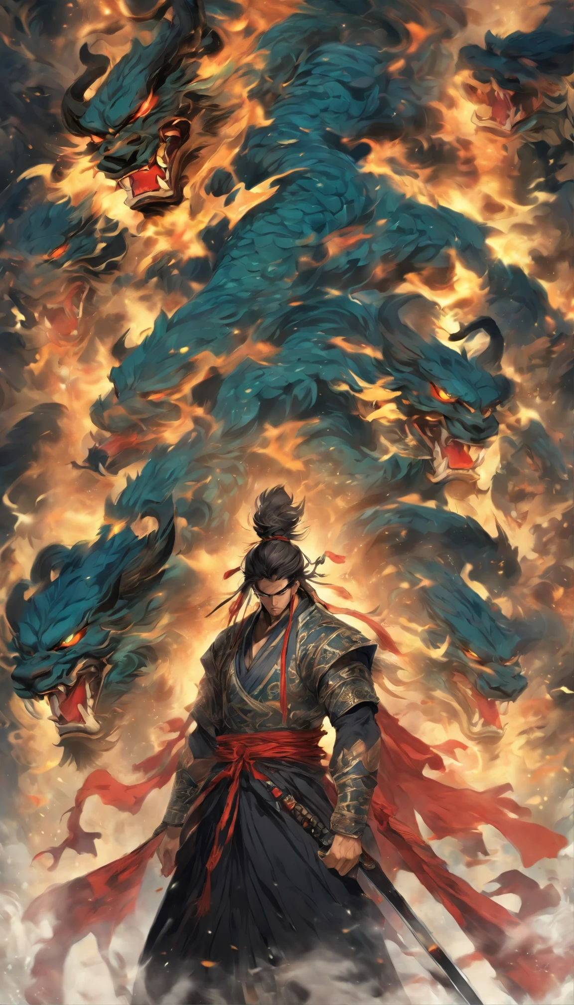 middle aged man, Evil painting style, A high resolution, Black color hair, Half is a demon body，Half is the devil face, Chinese Warrior, Delicate three-dimensional blue flame demon face, sbeard, Wearing a hat, Expression of anger, Perfect body proportions, kaftan, Black and white robes, A scabbard hangs from his waist, Handsome, Full body view, standing on your feet, （White background：1.3）, swordsman, He held a long knife that was wide and heavy in his hand。, Face the lens, （Blackn clothes：0.8）, High detail, Masterpiece, ccurate, Anatomically correct, Textured skin