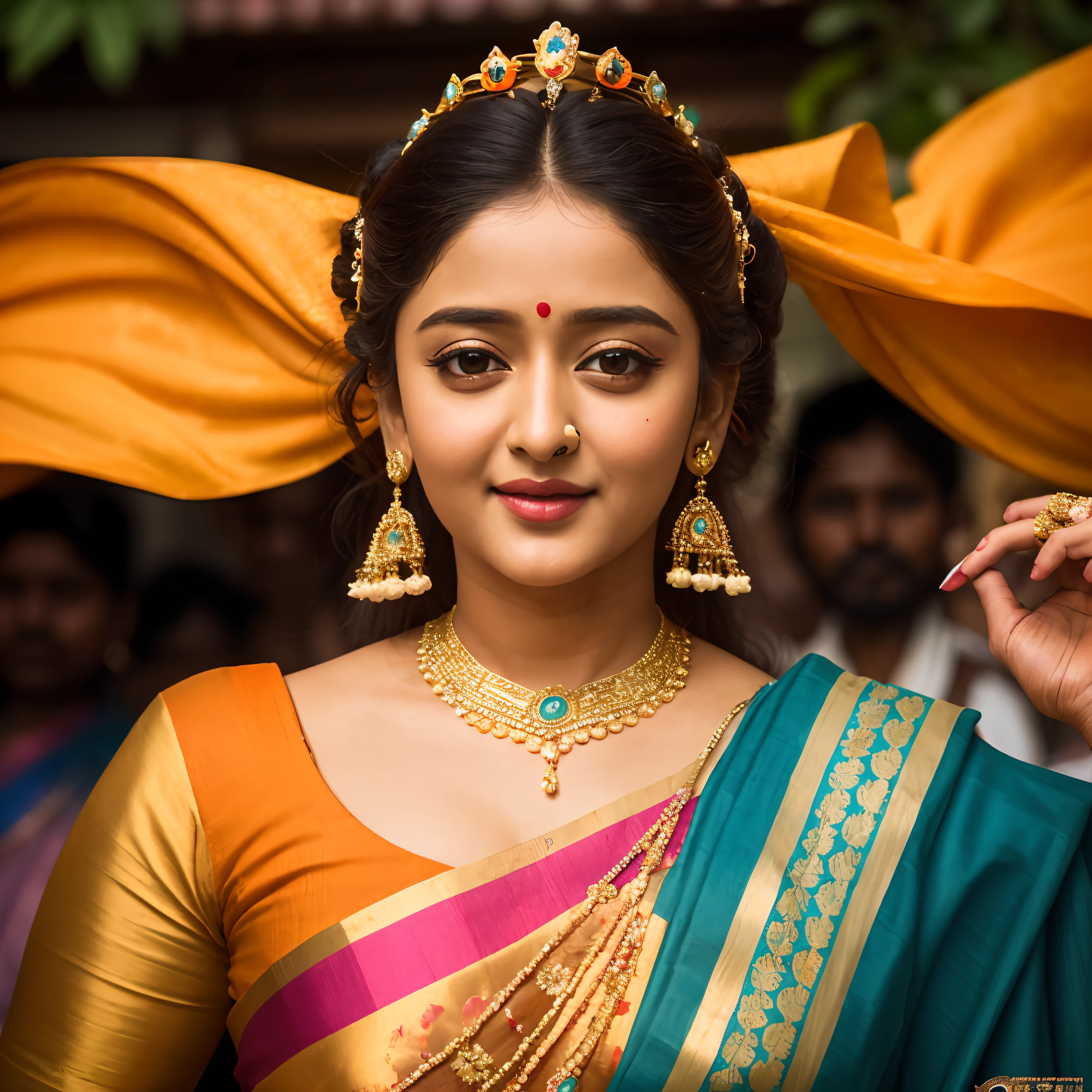 Looks like Anushka Shetty, a close up of a woman in a colorful dress with a flower in her hair, extremely gorgeous woman, matchless beauty, queen, very beautiful enga style, with colourful intricate, candid shot, traditional beauty, candid picture, orange details, wearing intricate, candid portrait photo, with kerala motifs, wearing an elegant tribal outfit, orange and turquoise, orange and teal color, * colour splash *, traditional, stunning visual,