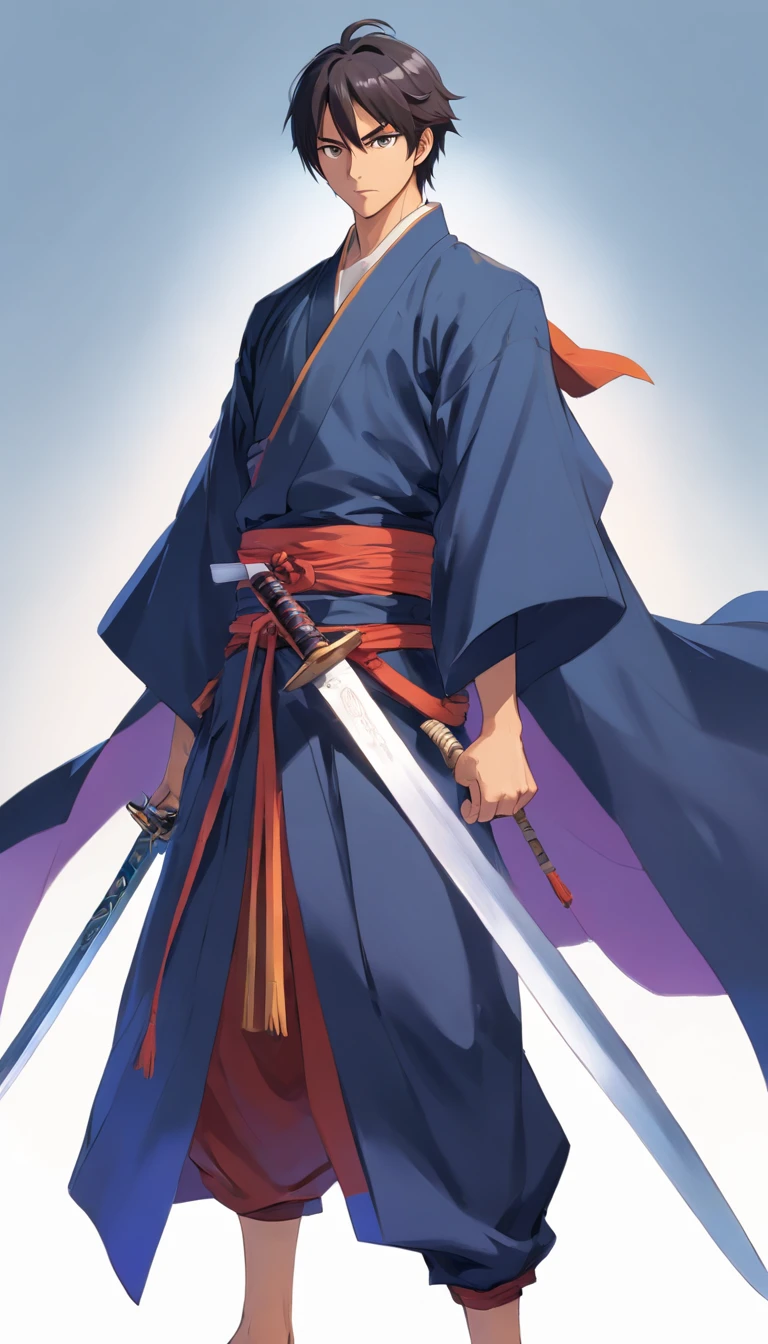 middle aged man, Evil painting style, A high resolution, Black color hair, Half are demonic bodies,Half a devil face, Chinese Warrior, Delicate three-dimensional blue flame demon face, sbeard, Wearing a hat, Expression of anger, Perfect body proportions, kaftan, Black and white robes, A scabbard hangs from his waist, Handsome, Full body view, standing on your feet, (White background:1.3), swordsman, He held a long knife that was wide and heavy in his hand。。, Face the lens, (Blackn clothes:0.8), High detail, Masterpiece, ccurate, Anatomically correct, Textured skin
