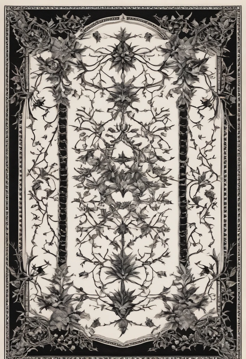 make a black border for a blank centered print made of thorns.interlace each corner with small bats and skulls