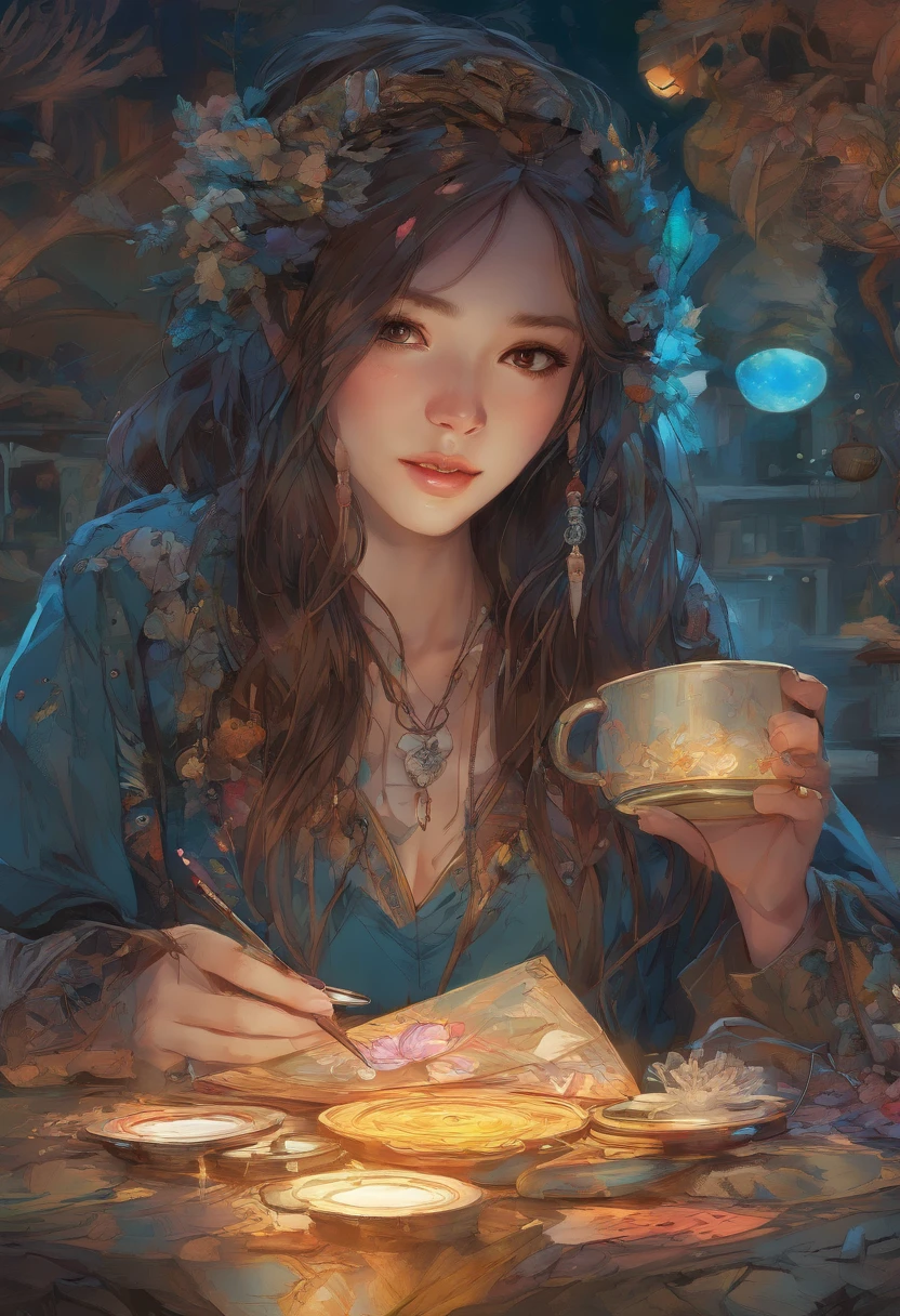 Cute black long straight hair brown eyes round face girl sitting in café drinking coffee in brown sweater, Sunset, A toothy smile without bangs, Holding a poodle puppy in his arms, Beautiful anime waifu style girl, Super detailed painting, Luminism, art by Carne Griffiths and Wadim Kashin concept art, 4K 分辨率, fractal isometrics details bioluminescens , a 3D render, rendering by octane, intricately details , Cinematic, trending on artstation Isometric Centered hyperrealistic cover photo awesome full color, handpainted , grittiness, Realistic Mucha , hit definition , Cinematic, On paper, Ethereal background, Abstract beauty,Stand, nearing perfection, Pure form, Golden ratio, Maximalism, Unfinished, concept-art, author：Brian Froud、Carne Griffiths、Wadim Kashin and John William Waterhouse, Intricate details, 8k post production, high resolution, ultra - detailed, trending on artstationh, Sharp focus, studio photo, Intricate details, Highly detailed, by Greg Rutkowski