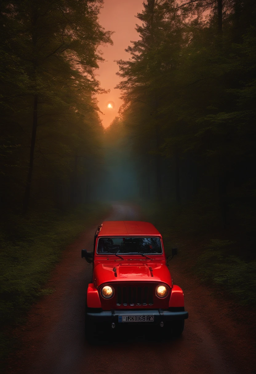 a forest with a street, red jeep in the street, at night, with jason between the trees