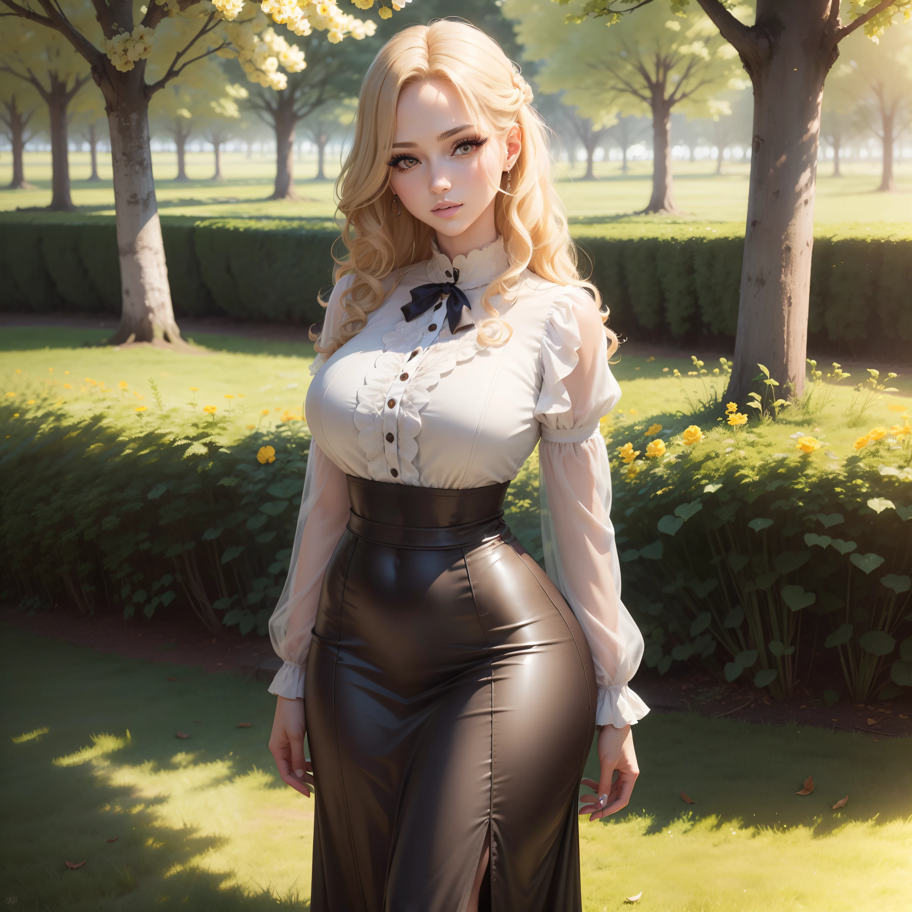 8k UHD, (Best Quality:1.2), (masterpiece:1.2), perfect eyes, very detailed, beautiful young woman of 25 years, alone, pale woman, (warm smile), smile, happiness, ((Very detailed RAW color photo)), ((1 girl)), (((alone))), (30 years), ((Very detailed perfect body)), ((ultra defined curves)), ((top quality, 8k, masterpiece: 1.3)), sharp focus: 1.2, ((extremely beautiful girl with perfect figure: 1.4)), ((very thin waist: 1.2)), ultra detailed skin texture, ((smooth and soft skin)), (ultra detailed fabric texture), ((extremely beautiful)), intricate details, ultra detailed, ((exposed thighs)), ((ultra detailed and toned legs)), ((extreme hourglass figure)), ((blush)), (((make up), (with different make up and different hairstyles))), ((ultra-defined waist)), shadow, hourglass figure, labios ligeramente abiertos, (bright eyes, blush, glossy lips), warm smile, (short black shirt), ((short white skirt)), (((thick legs, small waist, wide hips))), (black Lace Top Stocking with garter belt), ((thigh highs)), (reveals a thick leg), ((walking in a garden full of roses at night)), at night, walking pose, ((cowboy shot)), ((medium shot)), blonde or golden hair