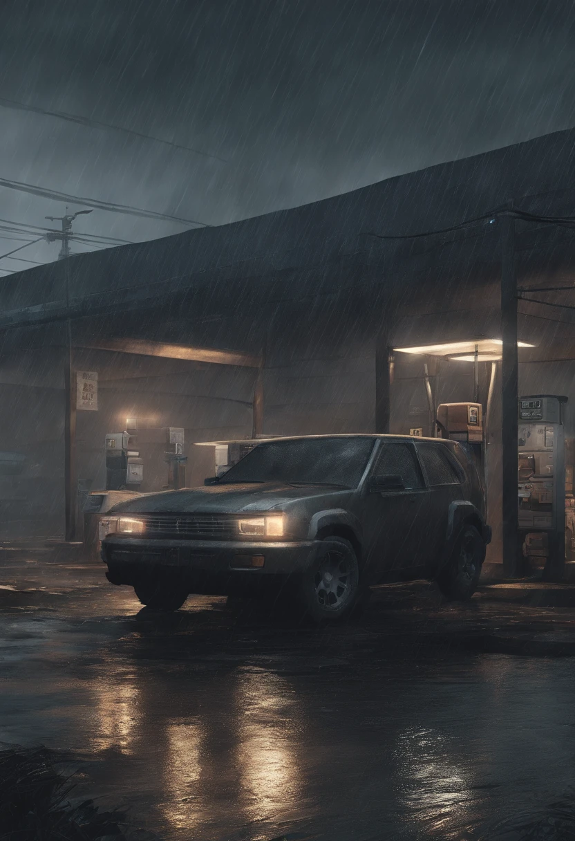 rainy evening,The protagonist flees the gas station,Run to the highway,It felt as if something was chasing him。Completely realistic, , Full high resolution, Well made,detail-rich.