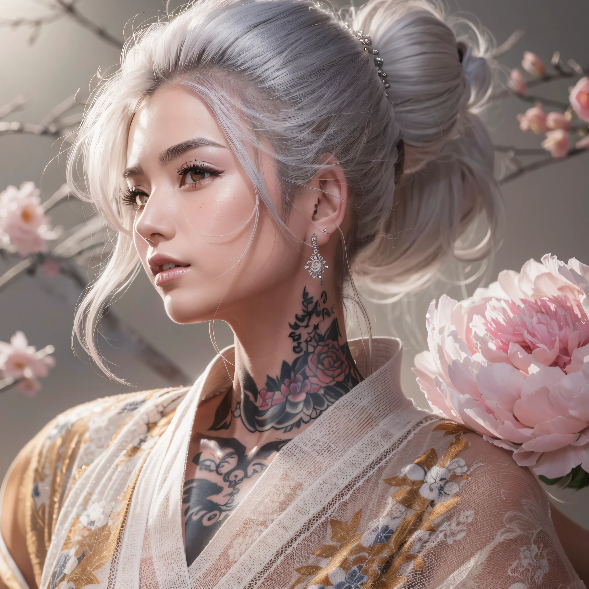 masutepiece, High resolution,Best Quality,High Definition, Perfect composition, Perfect face, Perfect body, 8K,Cinematic lighting,Pink kimono,Off-shoulder,Large breasts,Navel,鎖骨,(Full body tattoo),Peony tattoo,(Chewing kissel),(Hairstyle is Yokohyōgo),Silver-haired woman,1 persons,Where the skin is visible, has tattoos,