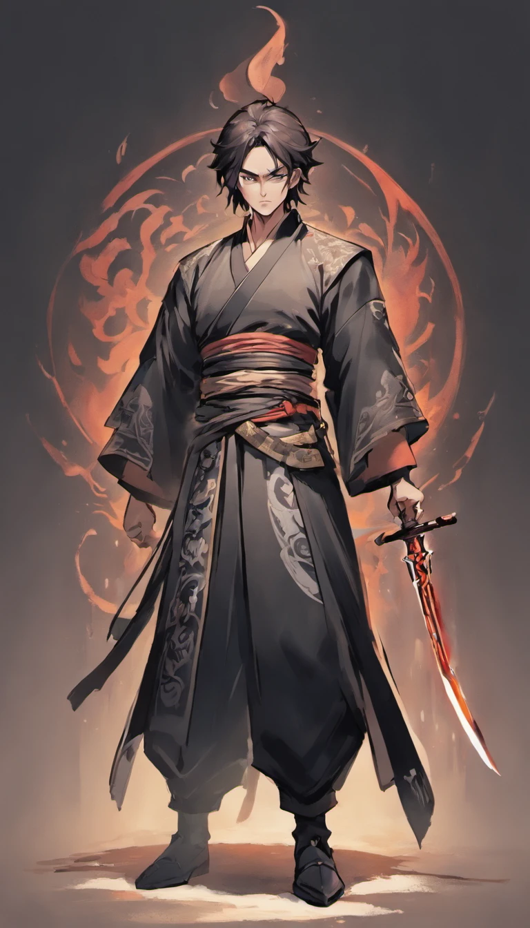 middle aged man, Evil painting style, A high resolution, Black color hair, Half is the body of a demon，Half a demon face, Chinese Warrior, Delicate three-dimensional blue flame demon face, sbeard, Wearing a hat, Expression of anger, Perfect body proportions, kaftan, Black and white robes, A scabbard hangs from his waist, Handsome, Full body view, standing on your feet, （White background：1.3）, swordsman, He held a long knife that was wide and heavy in his hand。。。, Face the lens, （Blackn clothes：0.8）, High detail, Masterpiece, ccurate, Anatomically correct, Textured skin