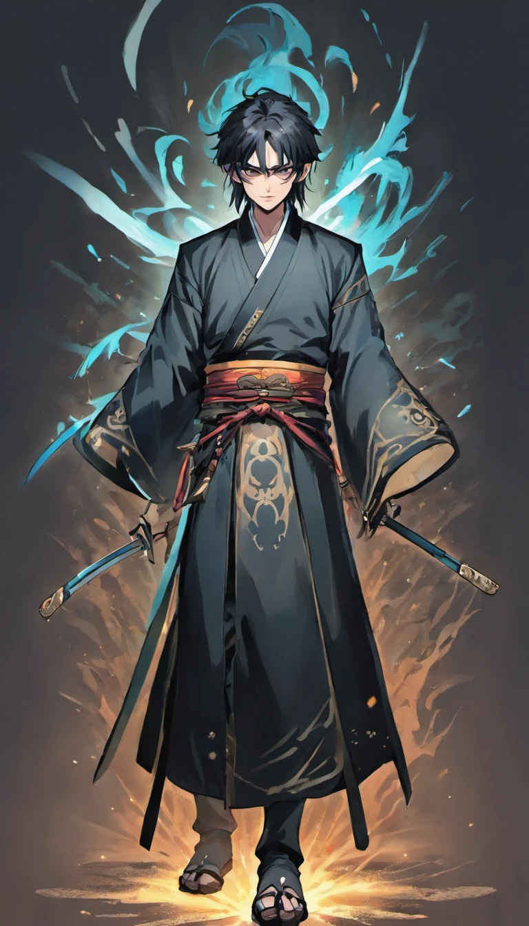 middle aged man, Evil painting style, A high resolution, Black color hair, Half is the body of a demon，Half a demon face, Chinese Warrior, Delicate three-dimensional blue flame demon face, sbeard, Wearing a hat, Expression of anger, Perfect body proportions, kaftan, Black and white robes, A scabbard hangs from his waist, Handsome, Full body view, standing on your feet, （White background：1.3）, swordsman, He held a long knife that was wide and heavy in his hand。。。, Face the lens, （Blackn clothes：0.8）, High detail, Masterpiece, ccurate, Anatomically correct, Textured skin