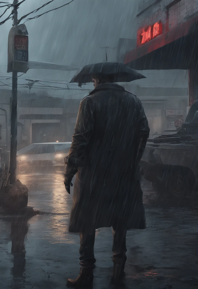 rainy evening,The protagonist runs out of the gas station,Run to the highway,It felt as if something was chasing him。Completely realistic, , Full high resolution, Well made,detail-rich.