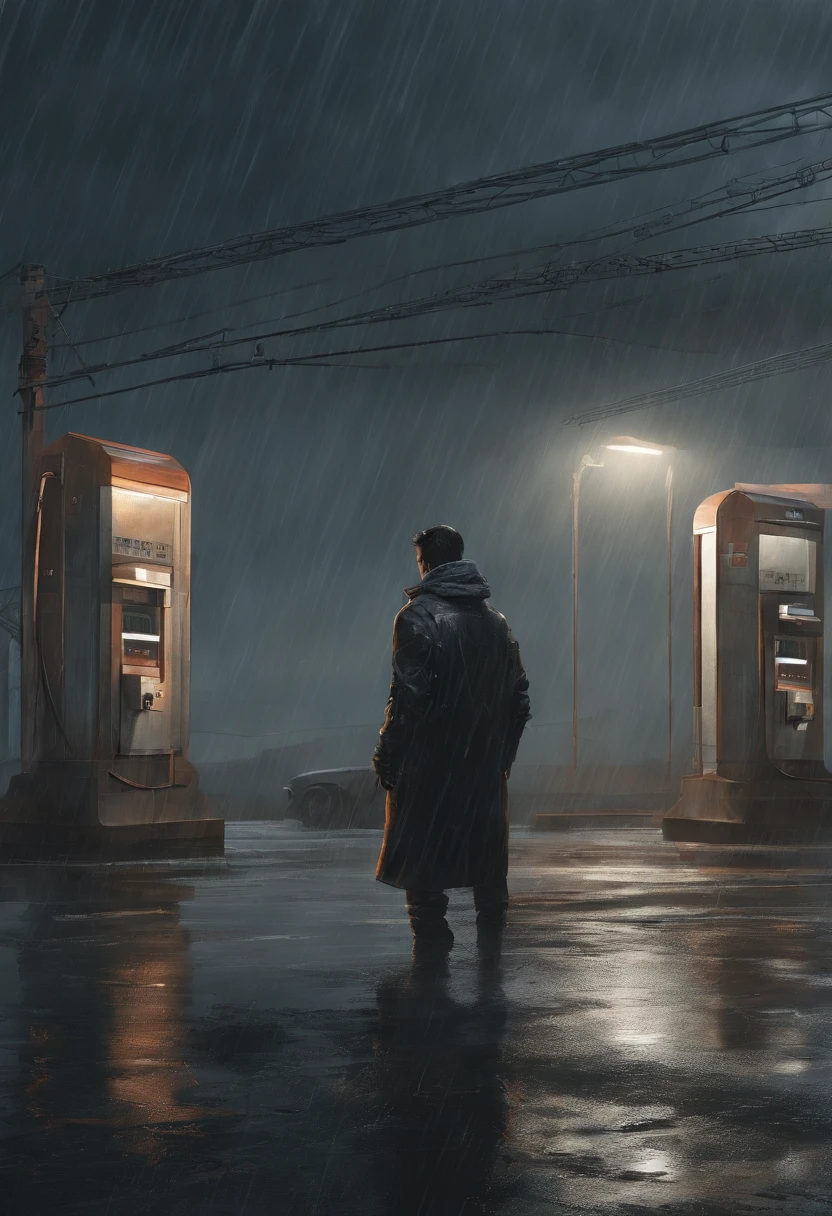 rainy evening,The protagonist runs out of the gas station,Run to the highway,It felt as if something was chasing him。Completely realistic, , Full high resolution, Well made,detail-rich.
