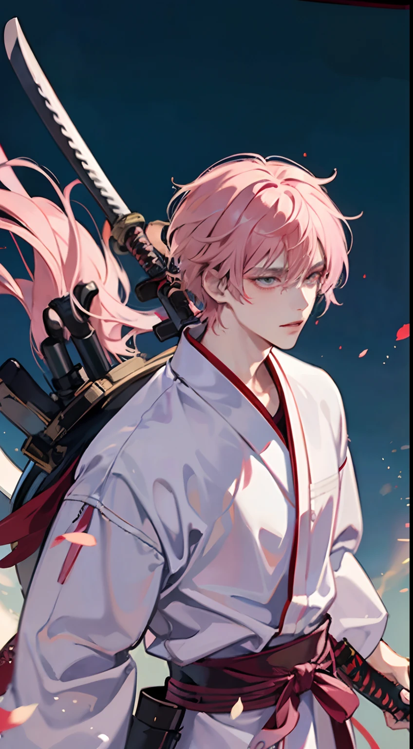 male, bleach anime, anime style, katana, cinematic lighting, combat action, pink hair