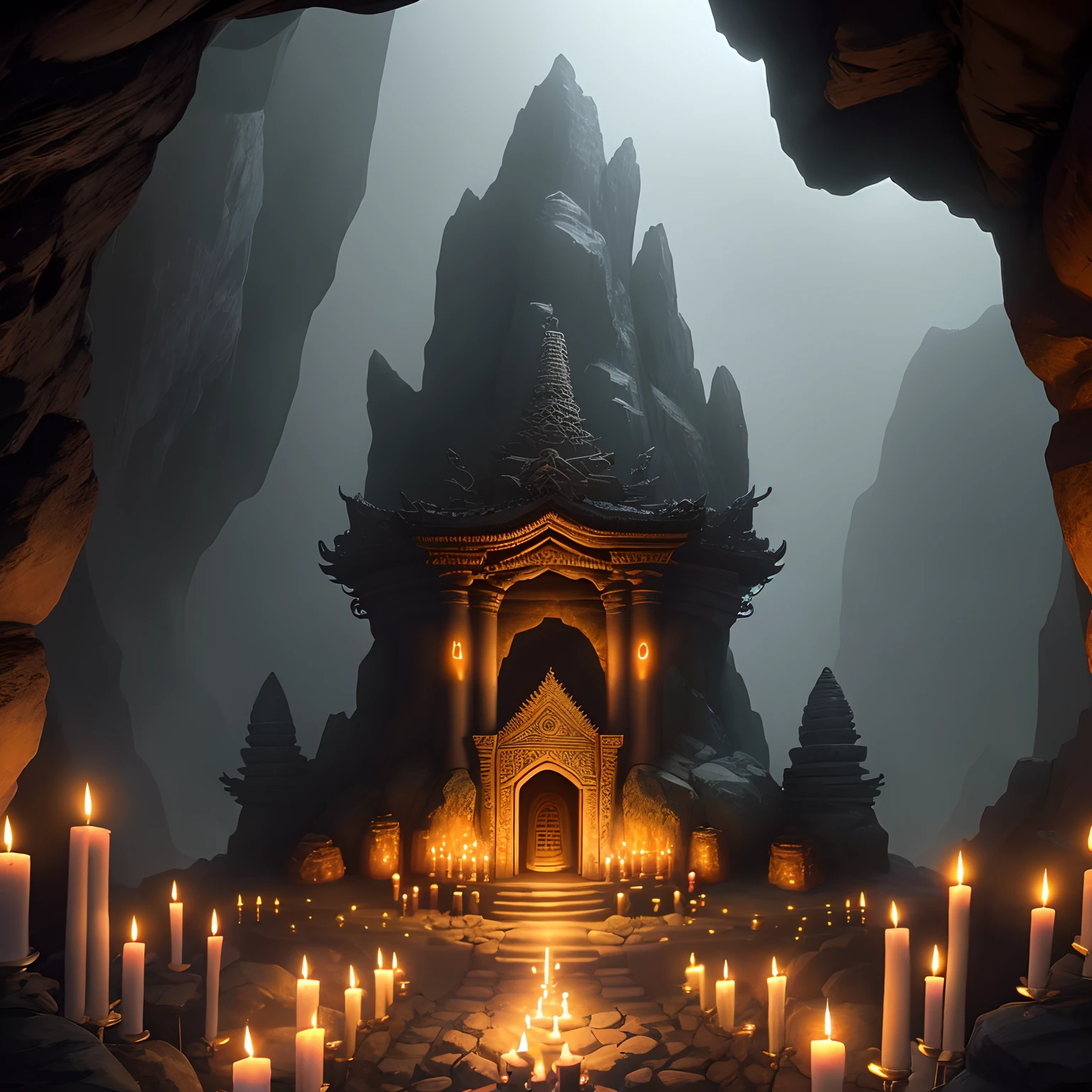 Temple inside a cave, rocks, candles, symbols, magic, fantastic, fog, candles, torches, ornate, intricate, detailed, defined, digital art, illustration