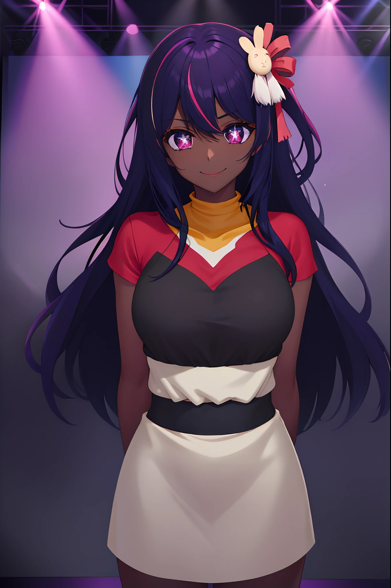 (masterpiece, best quality:1.2), cowboy shot, solo, 1girl, Hoshino Ai, long hair, purple hair, streaked hair ,purple eyes, star-shaped pupils, hair ornament, smile, looking at viewer, hands behind back, concert, spotlight, on stage, shiny glossy skin, BlackGirl, very dark skin, dark-skinned female