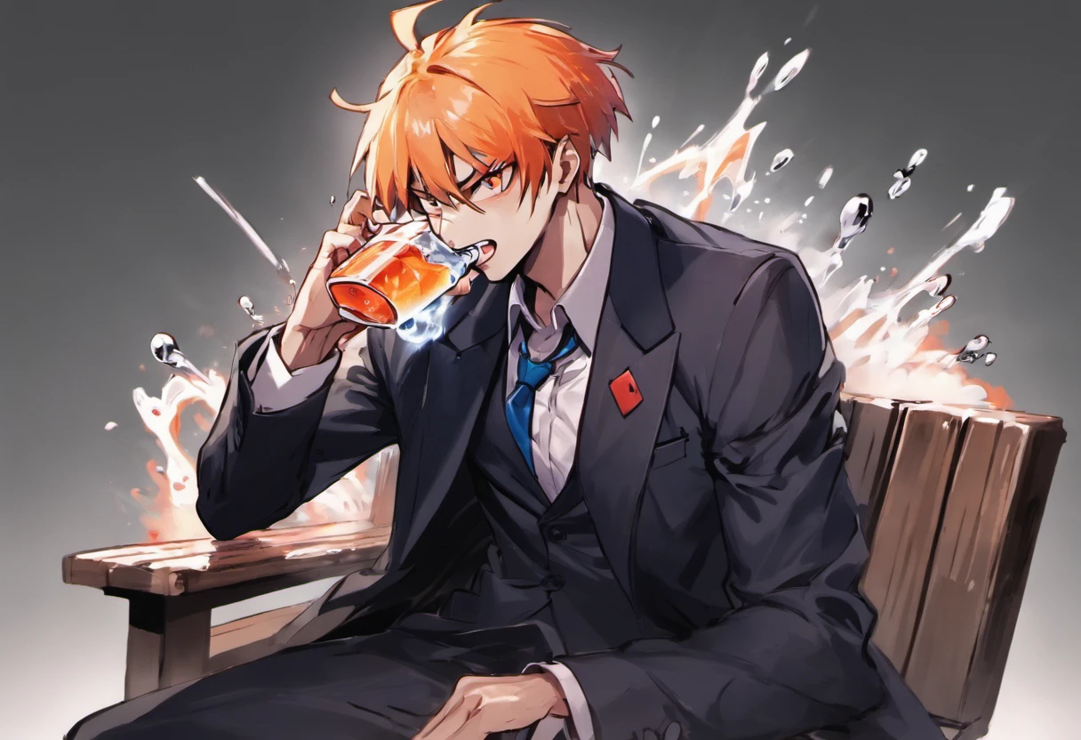 ichigo kurosaki sitting on a bench, panting, in a suit, drinking water, white background