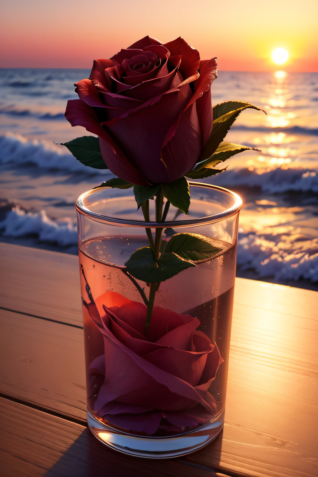 Close-up shot, a rose flower, the background is the gorgeous sunset by the sea, real texture, warm