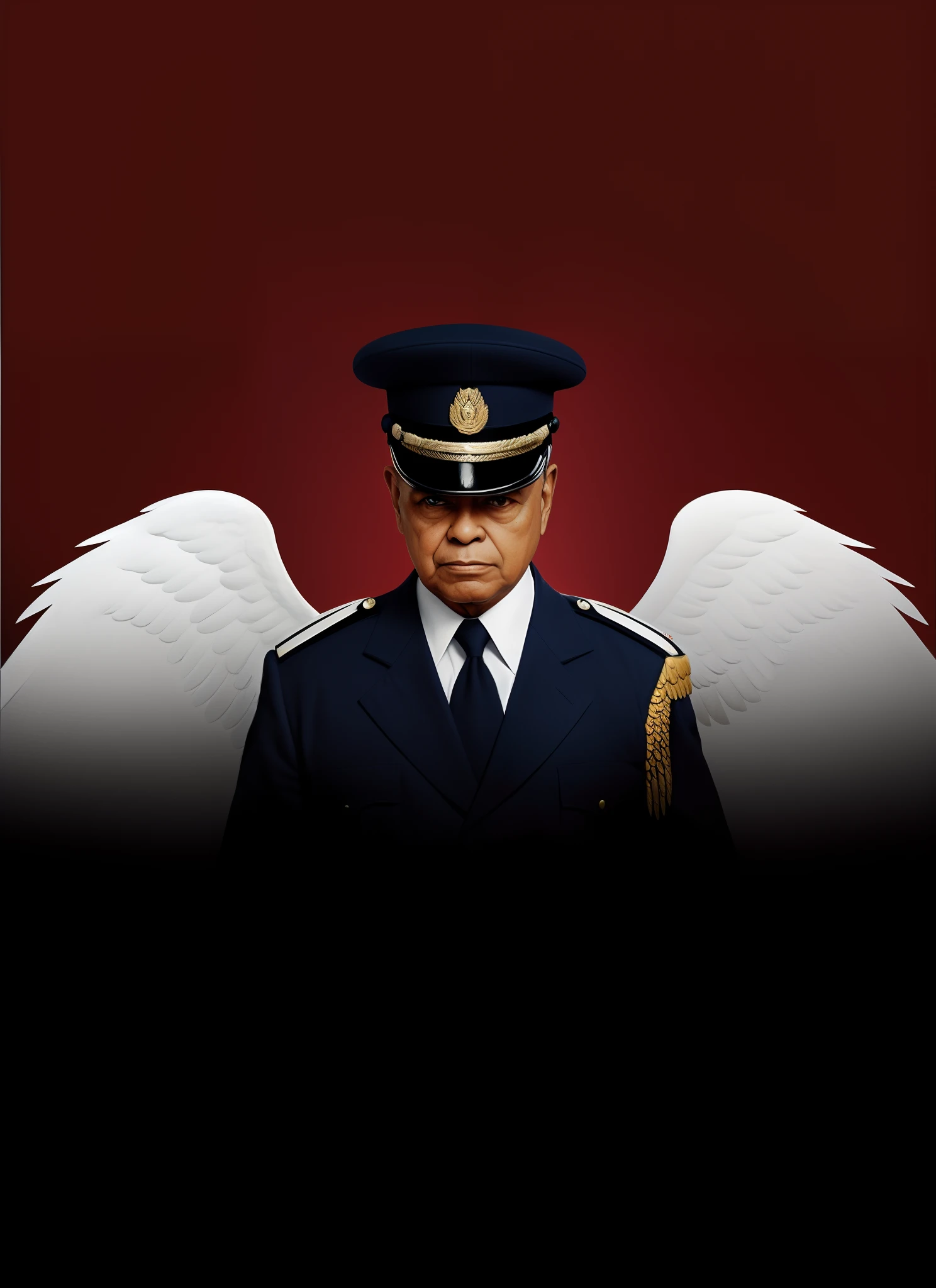 There is a man in uniform with wings on his head, humano alado, gold wings on head, totalitarian socialist angel, menino alado, captain, anjo baixo, anjo protegendo o homem, oficial, imagem promocional, Arte Promocional, promo ainda, asas grandes, alado, winged head, asas grandes, usando capacete alado, foto do cartaz, Michael, Lucifer's