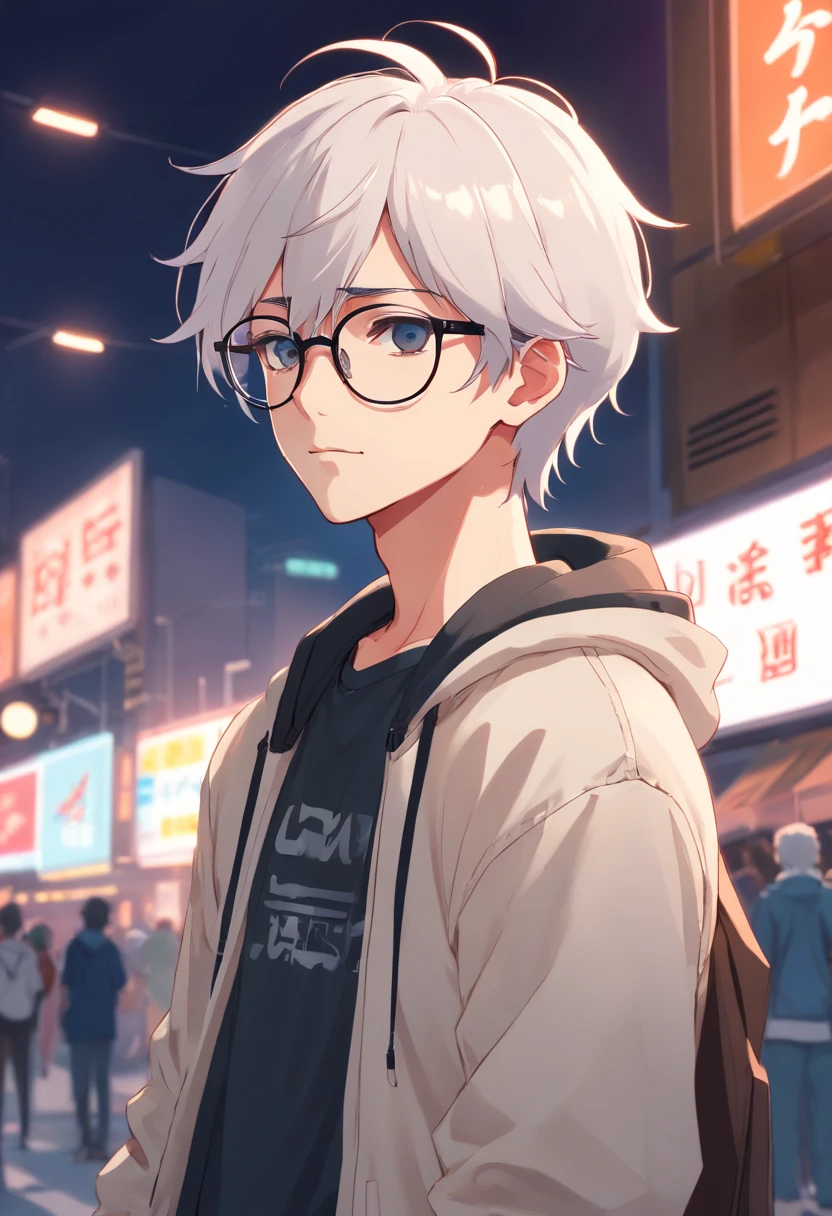 male skinny hipster with white hair and pointed ears, wearing small glasses, soft jawline, femboy, wearing black and white clothing (Pale skin tone) has short hair, wearing hipster outfit