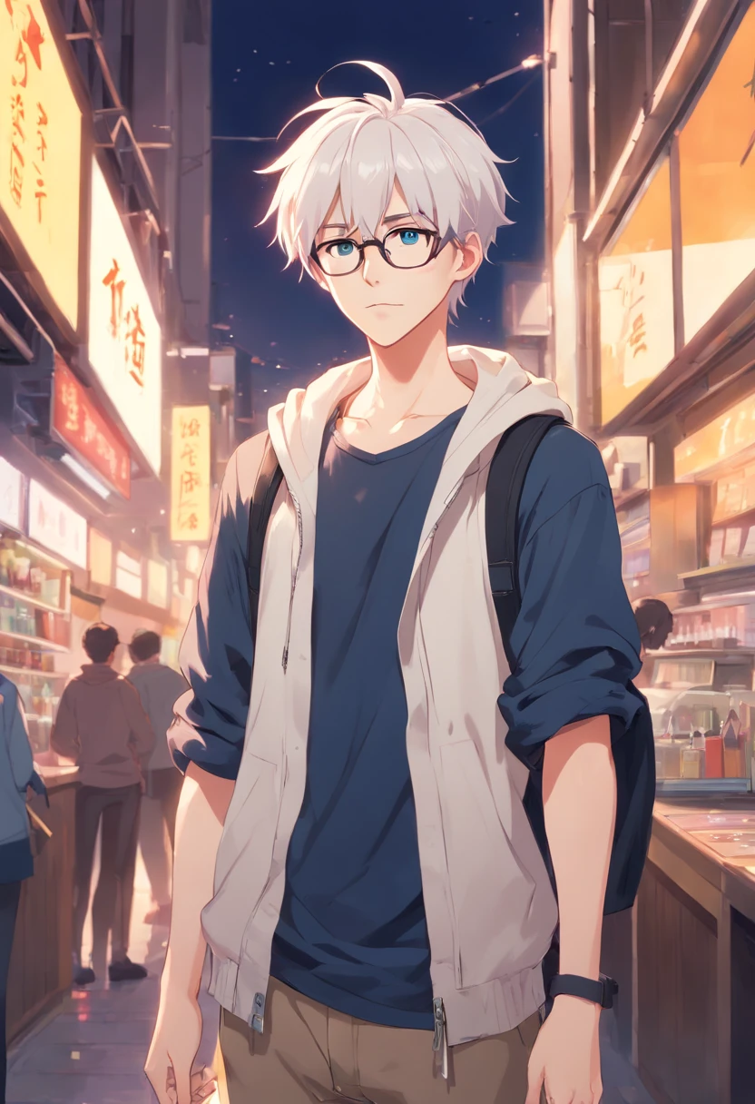 male skinny hipster with white hair and pointed ears, wearing small glasses, soft jawline, femboy, wearing black and white clothing (Pale skin tone) has short hair, wearing hipster outfit