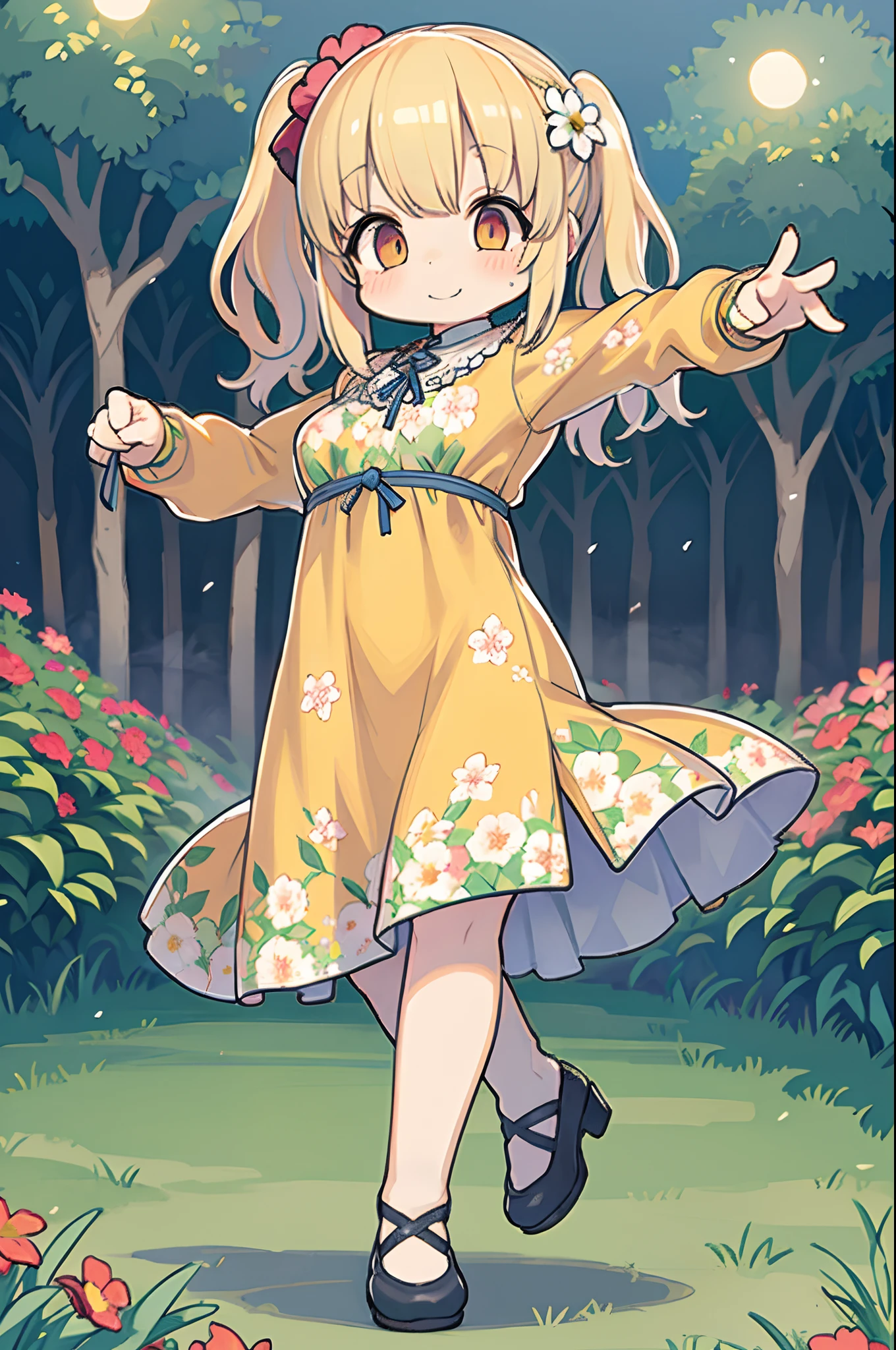 In a garden full of flowers, In daylight, Little girl in floral dress is dancing