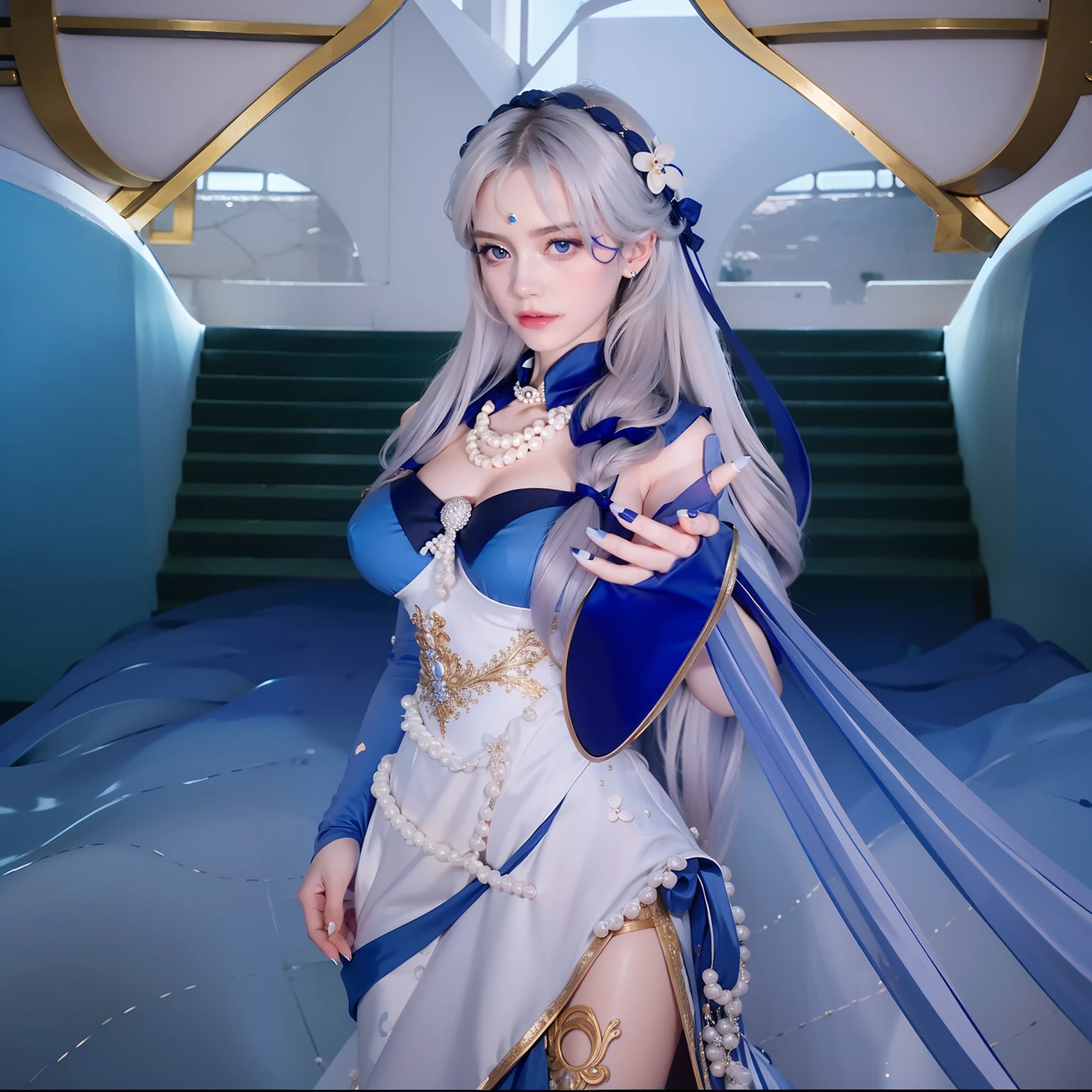 white long hair, pearl necklace, wearing blue navy dress elegant, big breasts, hands reach forward, glare expression, staring intently, 3horn headband, blue nails, photorealistic, masterpiece, Hands reach forward, 5 finger