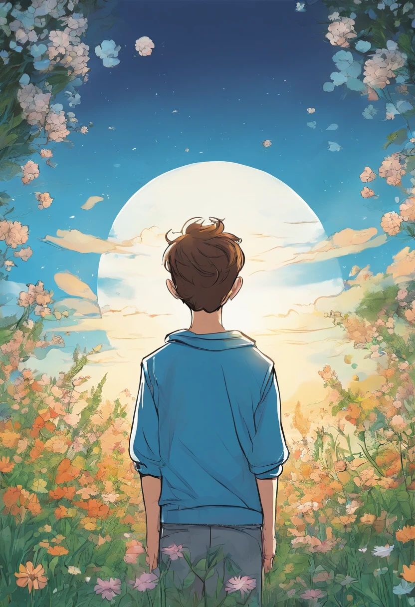 (highres,best quality,4k,ultra-detailed),a boy standing on the grass in the early morning, (realistic,photorealistic:1.37) blue sky, (gentle breeze, softly blowing flowers blossoming)