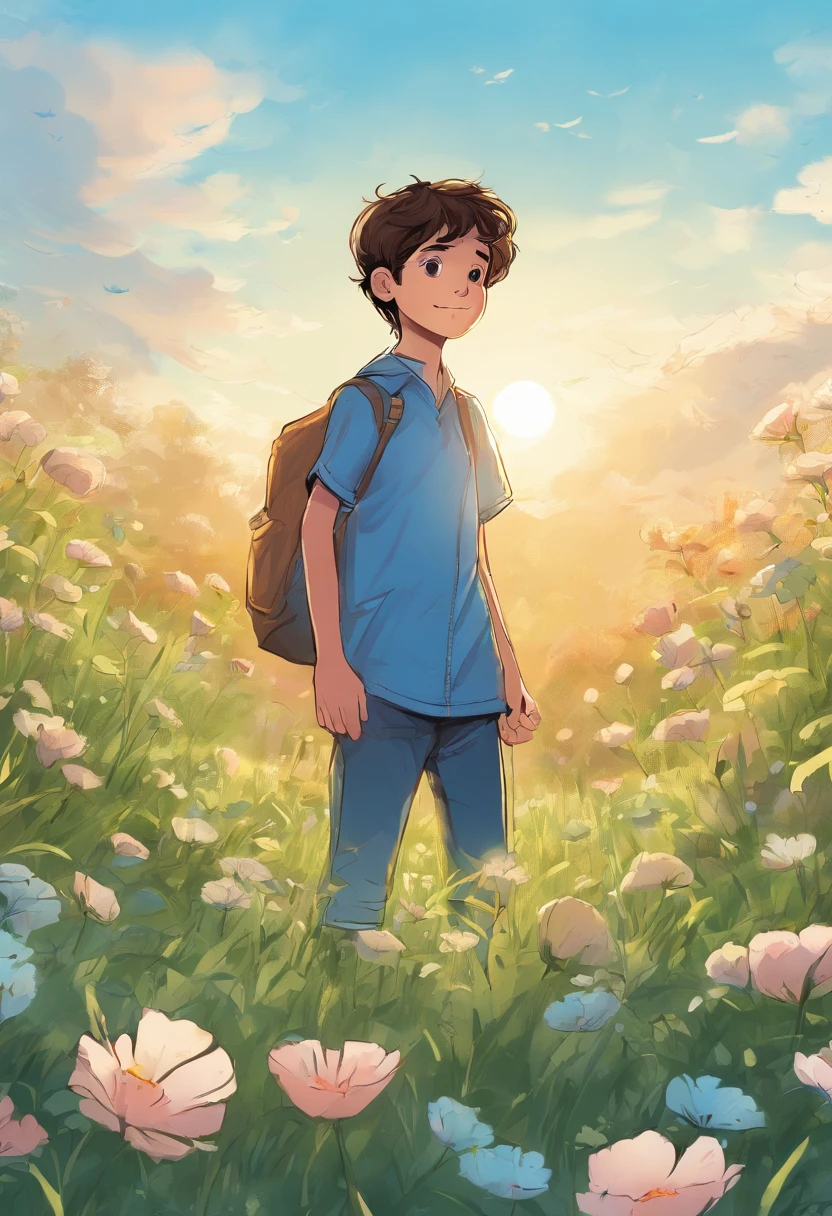 (highres,best quality,4k,ultra-detailed),a boy standing on the grass in the early morning, (realistic,photorealistic:1.37) blue sky, (gentle breeze, softly blowing flowers blossoming)