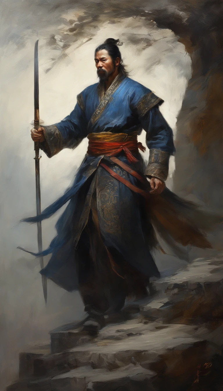 middle aged man, Evil painting style, A high resolution, Black color hair, Half is the body of a demon，Half a demon face, Chinese Warrior, Delicate three-dimensional blue flame demon face, sbeard, Wearing a hat, Expression of anger, Perfect body proportions, kaftan, Black and white robes, A scabbard hangs from his waist, Handsome, Full body view, standing on your feet, （White background：1.3）, swordsman, He held a long knife that was wide and heavy in his hand。。。。, Face the lens, （Blackn clothes：0.8）, High detail, Masterpiece, ccurate, Anatomically correct, Textured skin