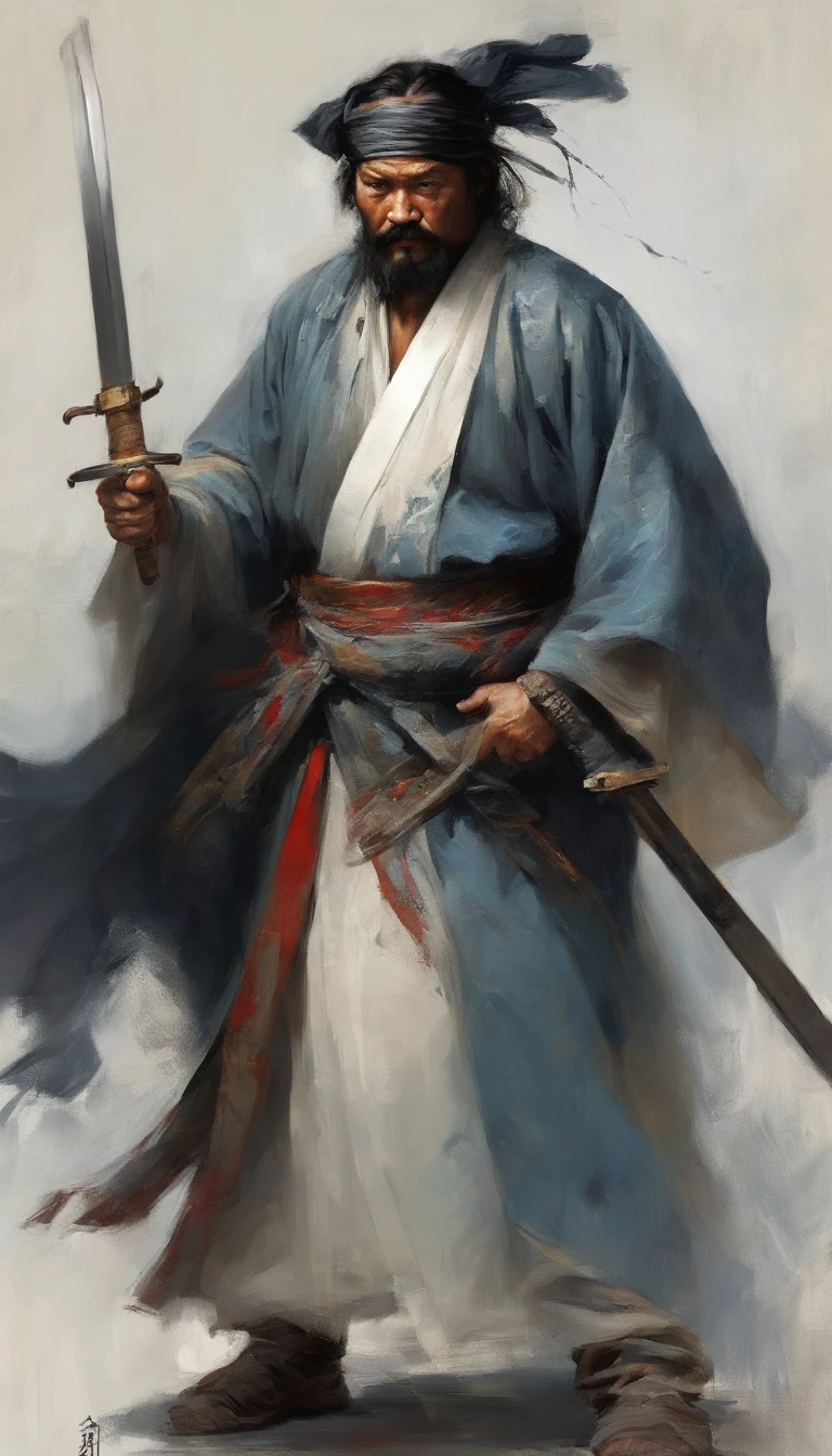 middle aged man, Evil painting style, A high resolution, Black color hair, Half is the body of a demon,Half a demon face, Chinese Warrior, Delicate three-dimensional blue flame demon face, sbeard, Wearing a hat, Expression of anger, Perfect body proportions, kaftan, Black and white robes, A scabbard hangs from his waist, Handsome, Full body view, standing on your feet, (White background:1.3), swordsman, He held a long knife that was wide and heavy in his hand。。。。, Face the lens, (Blackn clothes:0.8), High detail, Masterpiece, ccurate, Anatomically correct, Textured skin