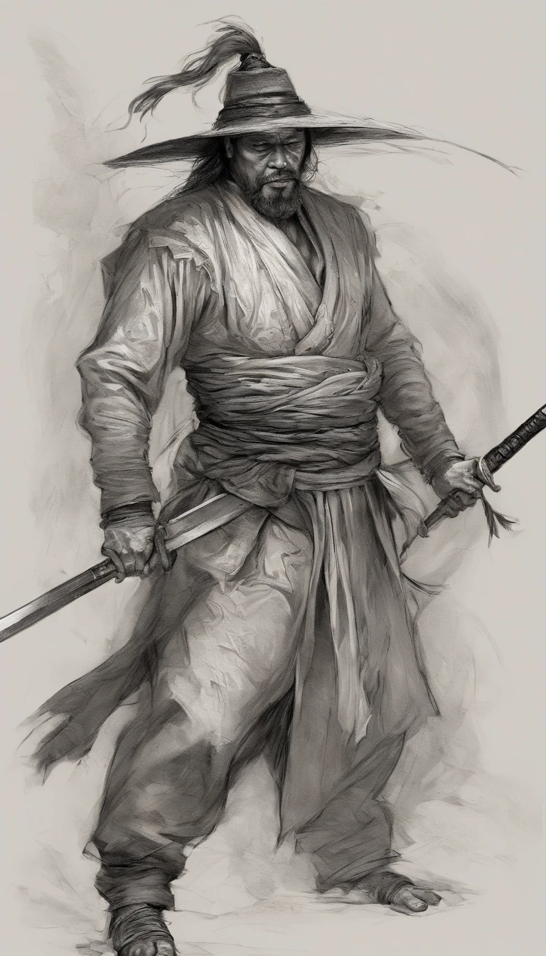middle aged man, Evil painting style, A high resolution, Black color hair, Half is the body of a demon,Half a demon face, Chinese Warrior, Delicate three-dimensional blue flame demon face, sbeard, Wearing a hat, Expression of anger, Perfect body proportions, kaftan, Black and white robes, A scabbard hangs from his waist, Handsome, Full body view, standing on your feet, (White background:1.3), swordsman, He held a long knife that was wide and heavy in his hand。。。。, Face the lens, (Blackn clothes:0.8), High detail, Masterpiece, ccurate, Anatomically correct, Textured skin