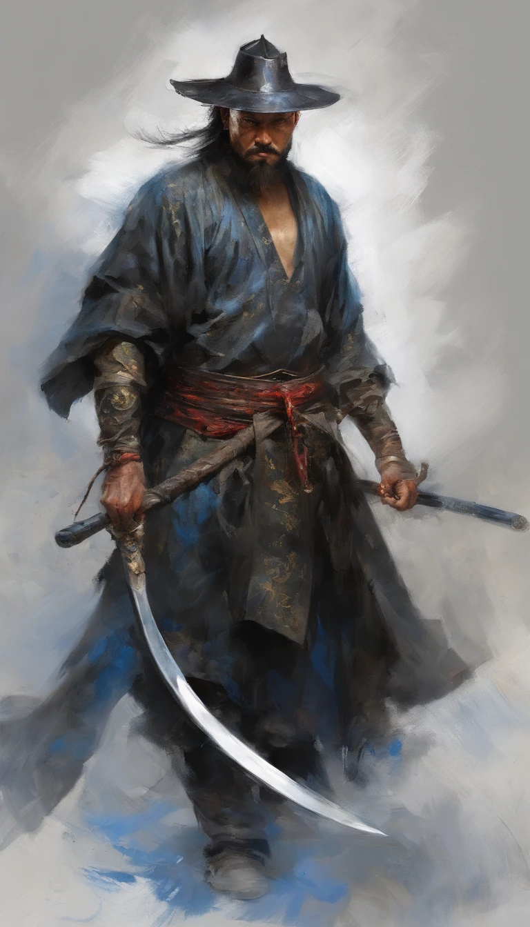 middle aged man, Evil painting style, A high resolution, Black color hair, Half is the body of a demon，Half a demon face, Chinese Warrior, Delicate three-dimensional blue flame demon face, sbeard, Wearing a hat, Expression of anger, Perfect body proportions, kaftan, Black and white robes, A scabbard hangs from his waist, Handsome, Full body view, standing on your feet, （White background：1.3）, swordsman, He held a long knife that was wide and heavy in his hand。。。。, Face the lens, （Blackn clothes：0.8）, High detail, Masterpiece, ccurate, Anatomically correct, Textured skin