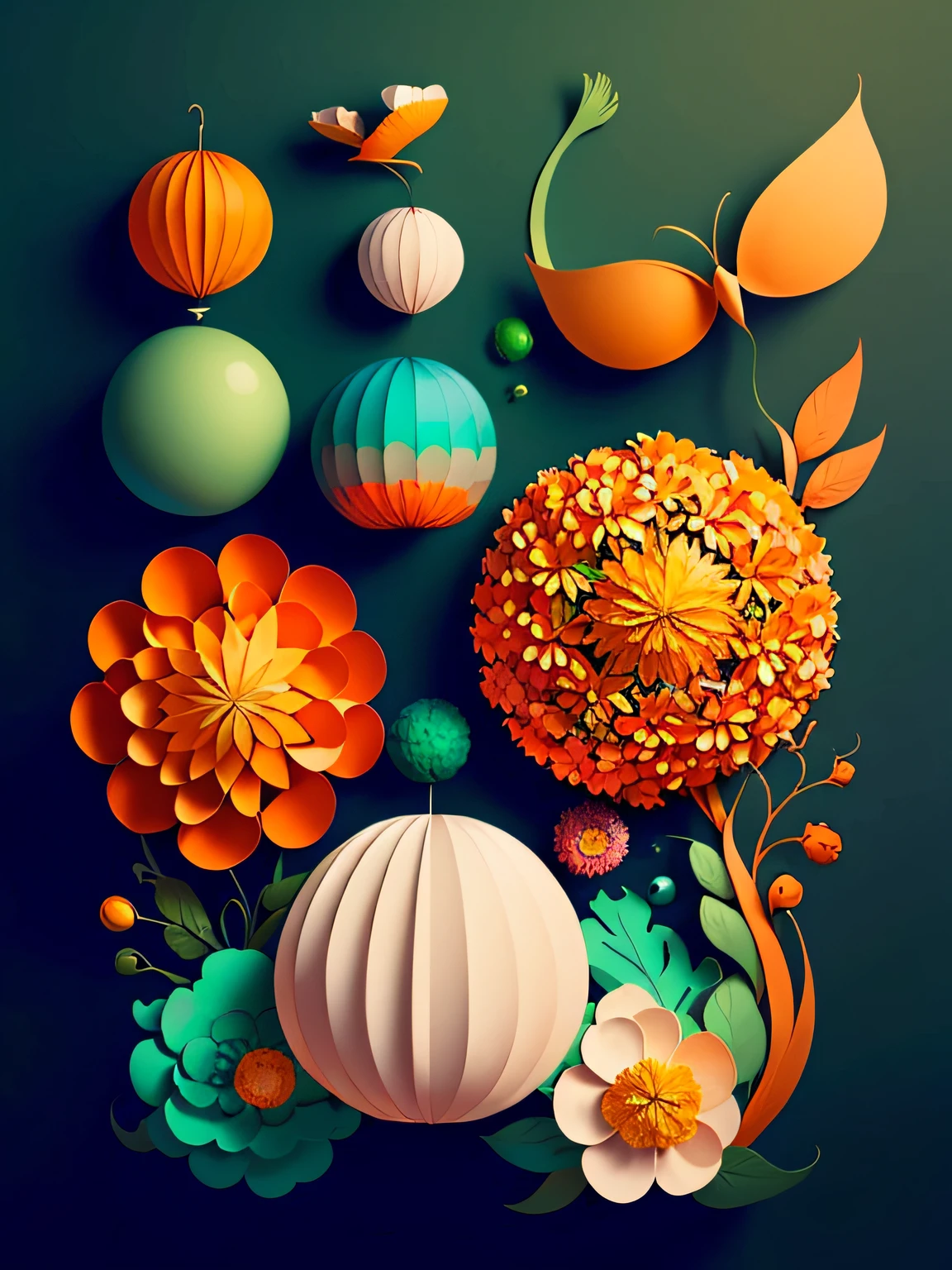 (((Obra maestra))), La mejor calidad, illustration, Tierra, Agua, Fuego, viento, Espacio, papel_cortar, The colors that make up the image should be only the green green chartreuse colors, verde brillante, naranja claro, Naranja brillante, Gris claro, neon colors