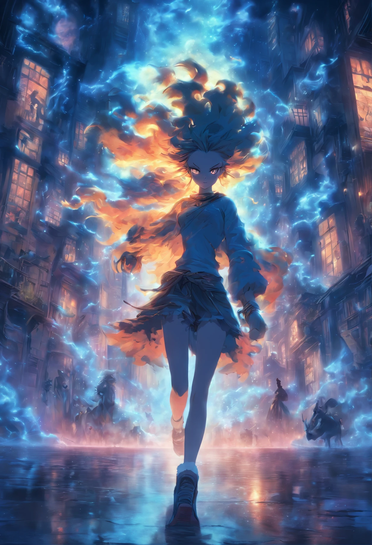 (beste calidad, 4k, 8k, high resolusion, obra maestra:1.2), ultra detallada, (realista, fotorrealista, foto-realista:1.37), medio: A girl runs through a ghostly city, luna, cuervos, llamas azules, Gargoyles, painting oil painting, detailed illustration, escena nocturna misteriosa, figuras surrealistas, sombras intrincadas, colorido vibrante, dramatic illumination.