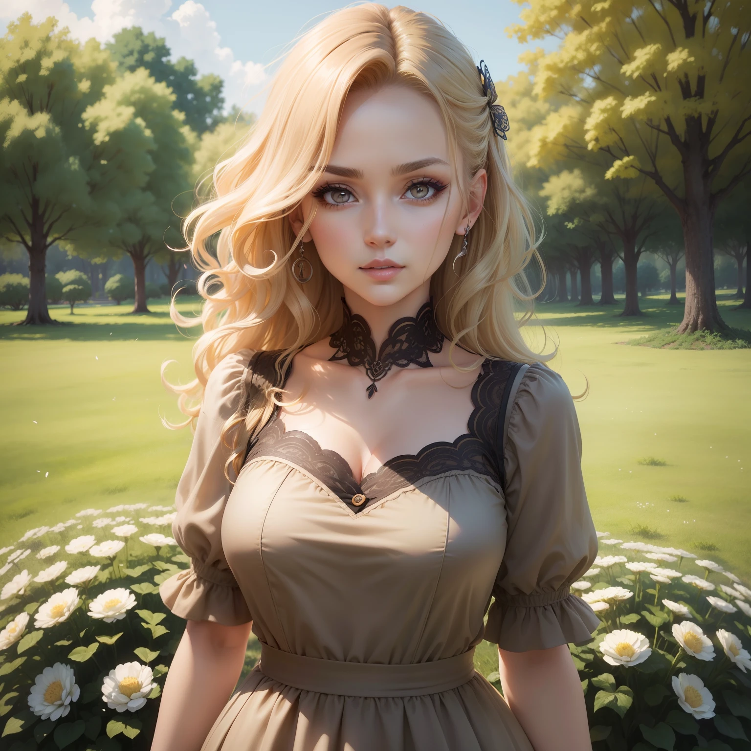 (masutepiece:1.2), (Best Quality:1.2), Full body portrait,Perfect eyes, Perfect face, Perfect Lighting, 1girl in, Mature woman in the field, medium blonde hair, Curly hair, detailed clothes, Detailed outdoor background, makeup, eyeshadows, thick eyelashes, Fantasy, Looking at the viewer, spring,