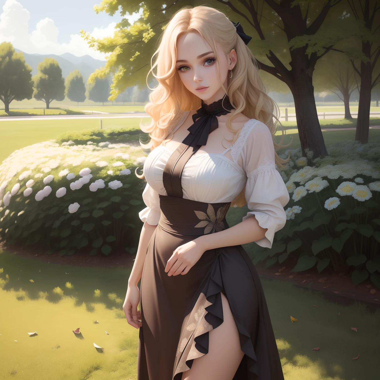 (masutepiece:1.2), (Best Quality:1.2), Full body portrait,Perfect eyes, Perfect face, Perfect Lighting, 1girl in, Mature woman in the field, medium blonde hair, Curly hair, detailed  clothes, Detailed outdoor background, makeup, eyeshadows, thick eyelashes, Fantasy, Looking at the viewer, spring,