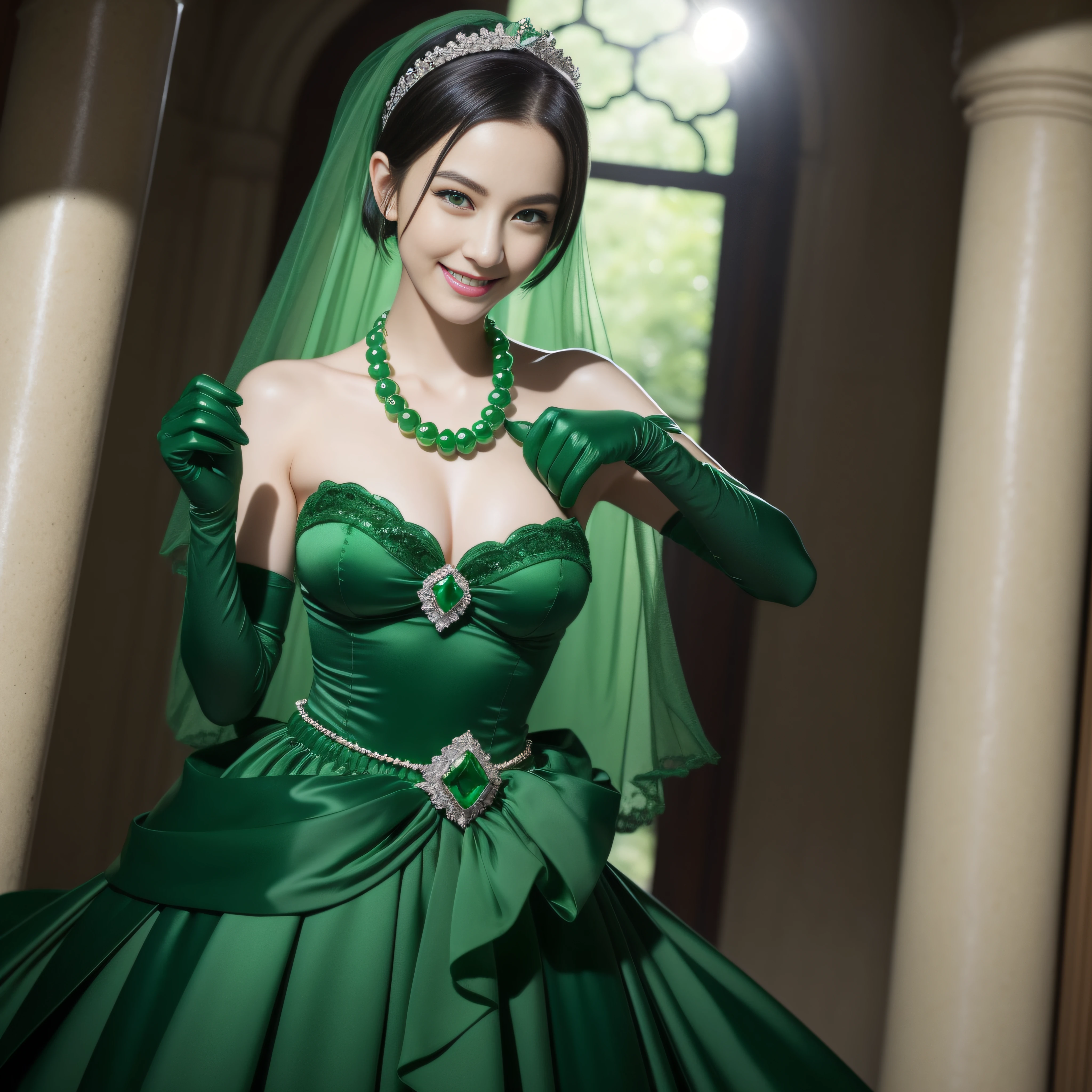 emerald tiara, Green Pearl Necklace, Boyish very short black hair, lipsticks, Japan woman smiling, very very short green hair, big breasts beautiful, Green eyes, Long green gloves made of satin material, Green eyes