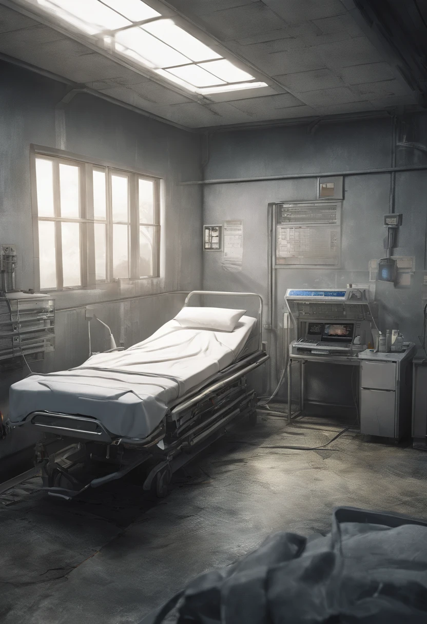 The scene of the protagonist lying on a hospital bed。Completely realistic, , Full high resolution, Well made,detail-rich.