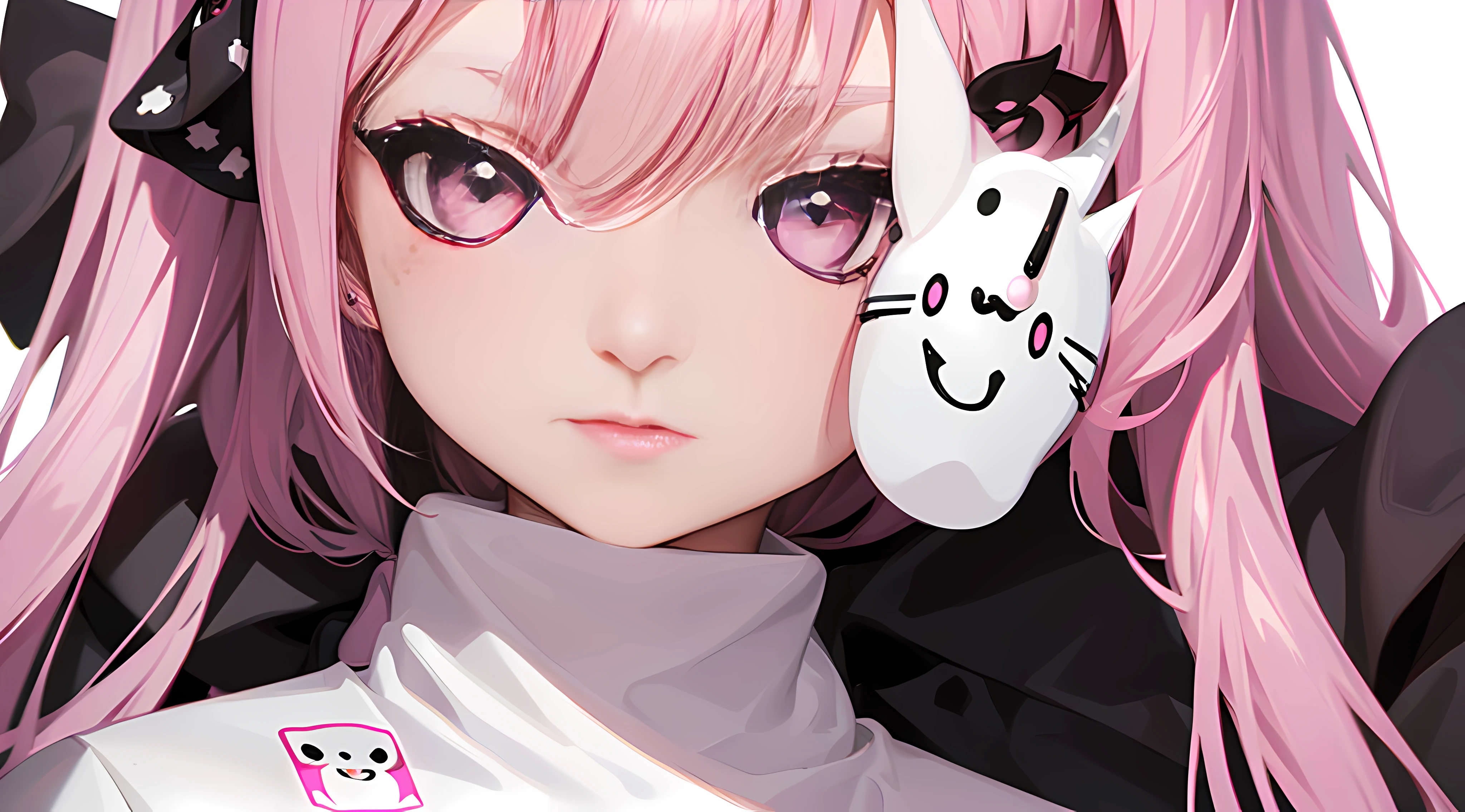 1girll, Black eyes, White turtleneck shirt, Sticker, Emoji, Cute, White background, ((Make food))detailed face texture, Detailed lip texture, cat ear, Detail Eye,Pink Long Hair，