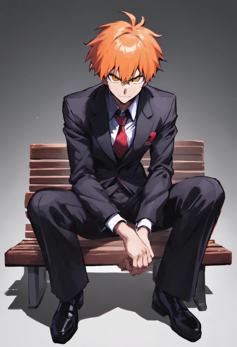 ichigo kurosaki sitting on a bench in a square, tired, in a suit, white background