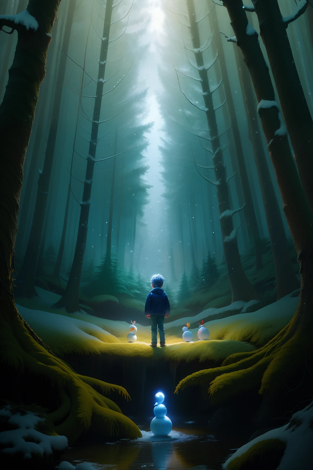 em roupas de inverno, in a magical snowing forest, Children's book illustration style, fofo, 6 anos, Cores, cabelos castanhos curtos. Boy in a magical forest, full of magical creatures around you and in the background is a snowman.