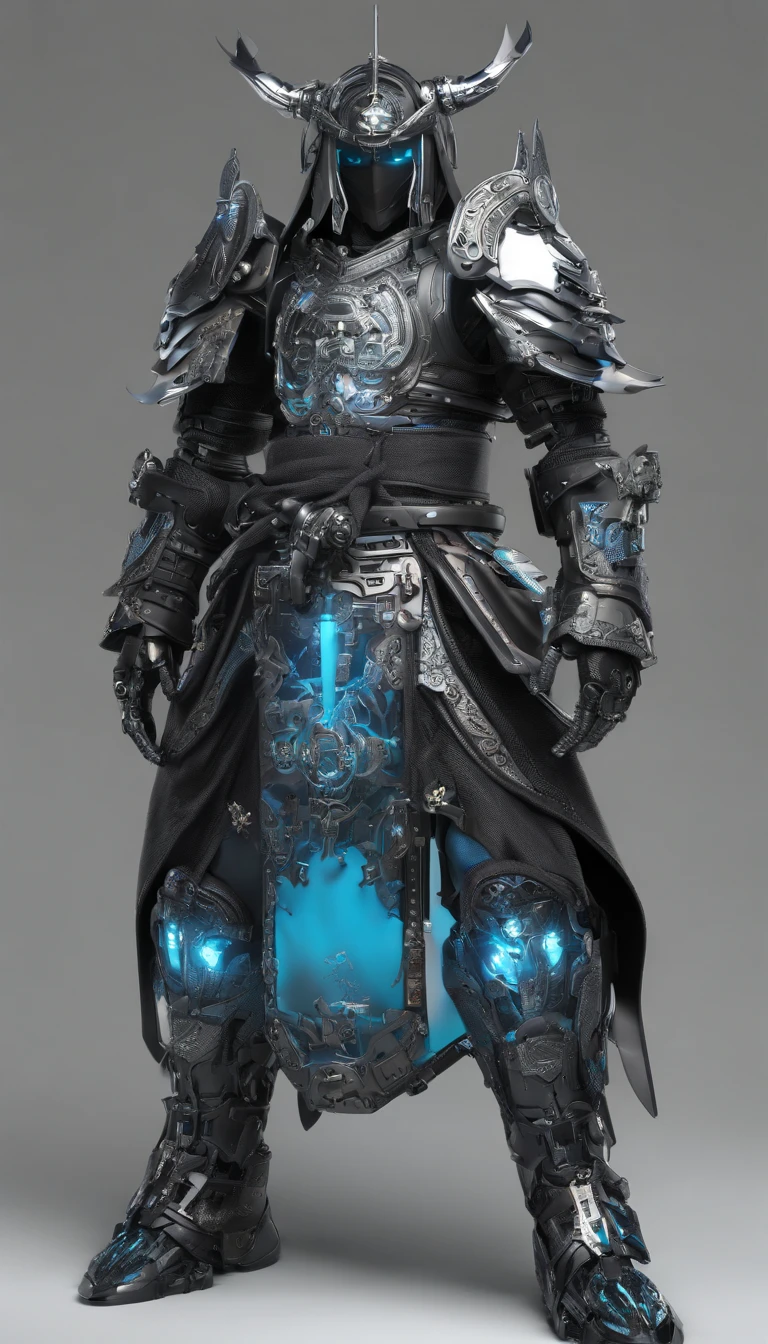 middle aged man, Evil painting style, A high resolution, Black color hair, Half is the body of a demon,Half a demon face, Chinese Warrior, Delicate three-dimensional blue flame demon face, sbeard, Wearing a hat, Expression of anger, Perfect body proportions, kaftan, Black and white robes, A scabbard hangs from his waist, Handsome, Full body view, standing on your feet, (White background:1.3), swordsman, He held a long knife that was wide and heavy in his hand。。。。。, Face the lens, (Blackn clothes:0.8), High detail, Masterpiece, ccurate, Anatomically correct, Textured skin