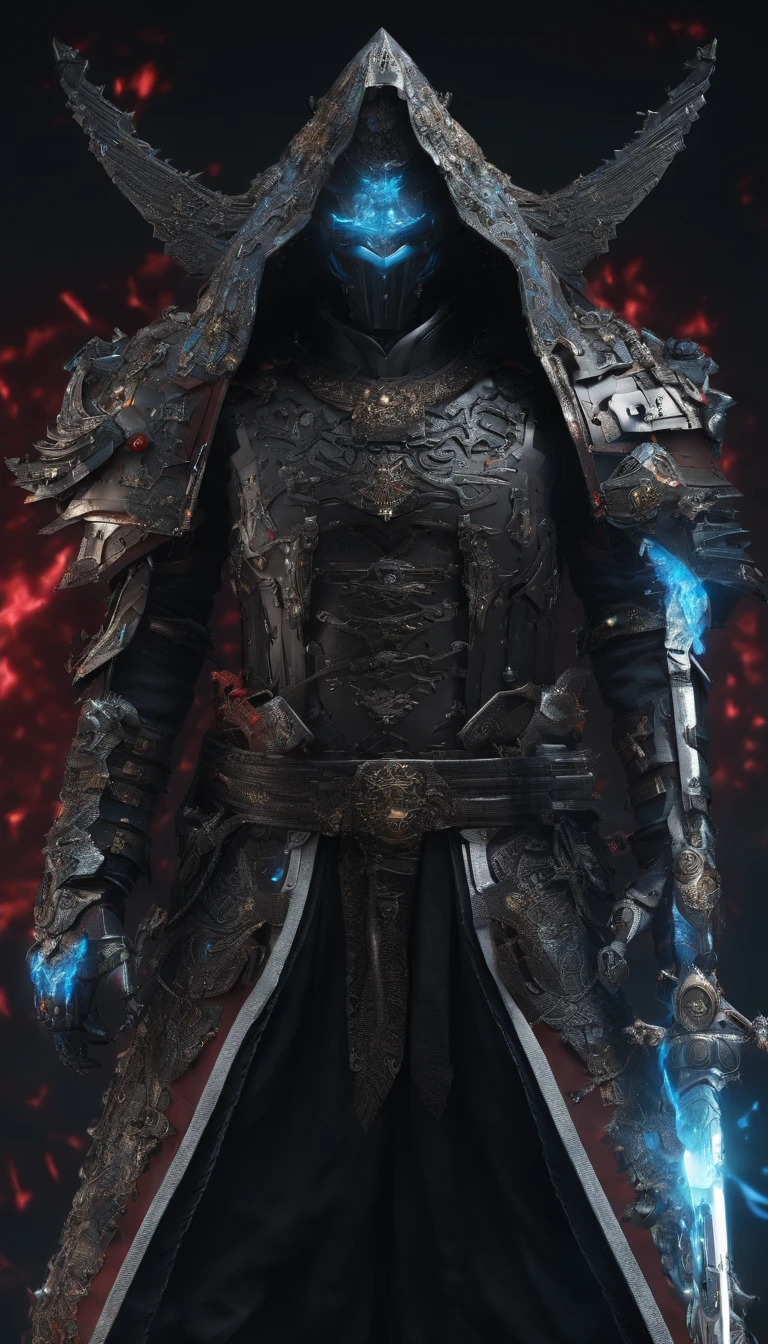 middle aged man, Evil painting style, A high resolution, Black color hair, Half is the body of a demon,Half a demon face, Chinese Warrior, Delicate three-dimensional blue flame demon face, sbeard, Wearing a hat, Expression of anger, Perfect body proportions, kaftan, Black and white robes, A scabbard hangs from his waist, Handsome, Full body view, standing on your feet, (White background:1.3), swordsman, He held a long knife that was wide and heavy in his hand。。。。。, Face the lens, (Blackn clothes:0.8), High detail, Masterpiece, ccurate, Anatomically correct, Textured skin