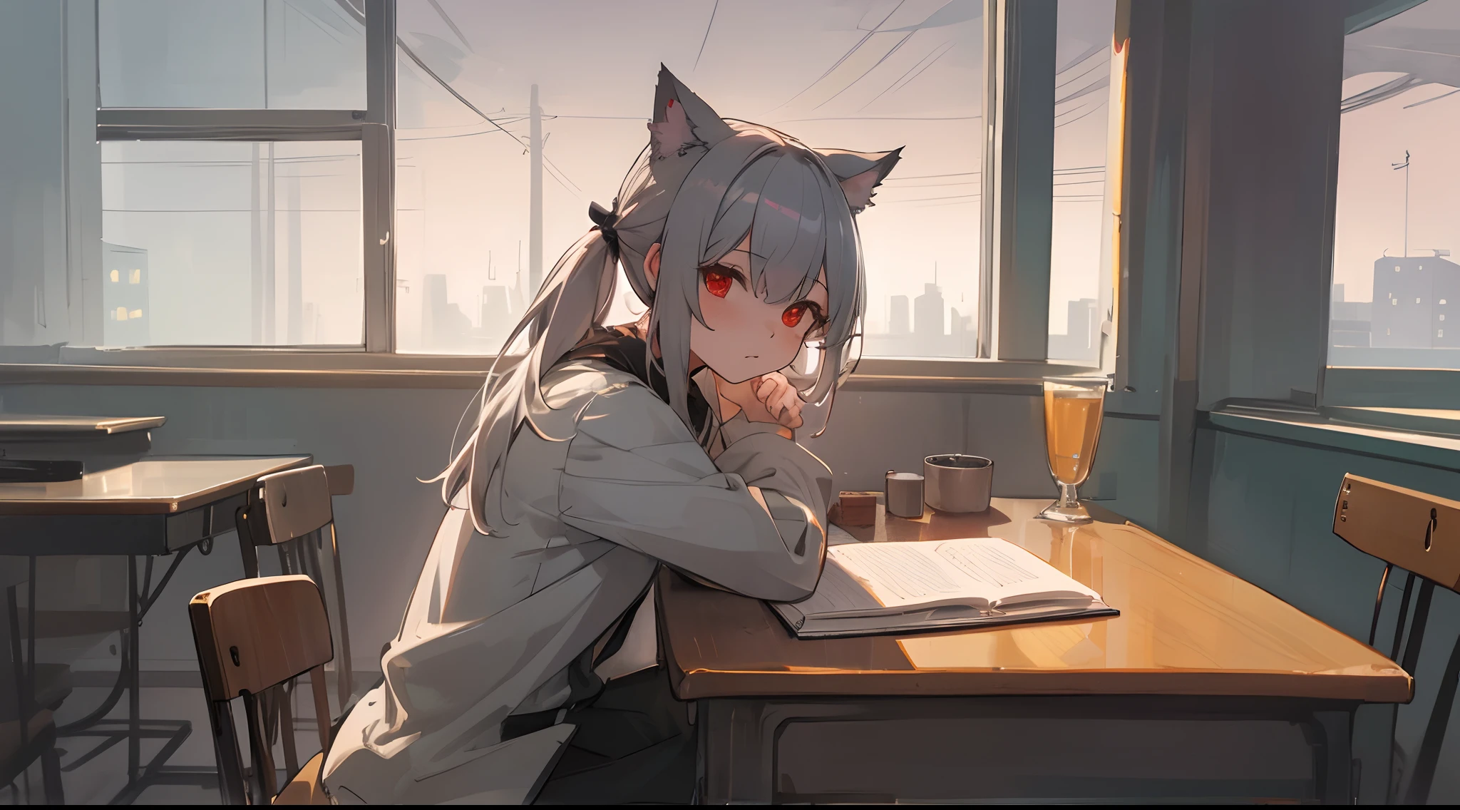 A  girl, gray hair, pony tail, red-eyes, cat ears, sits in the room at the table and does homework, Learns, (A view in the vicinity)