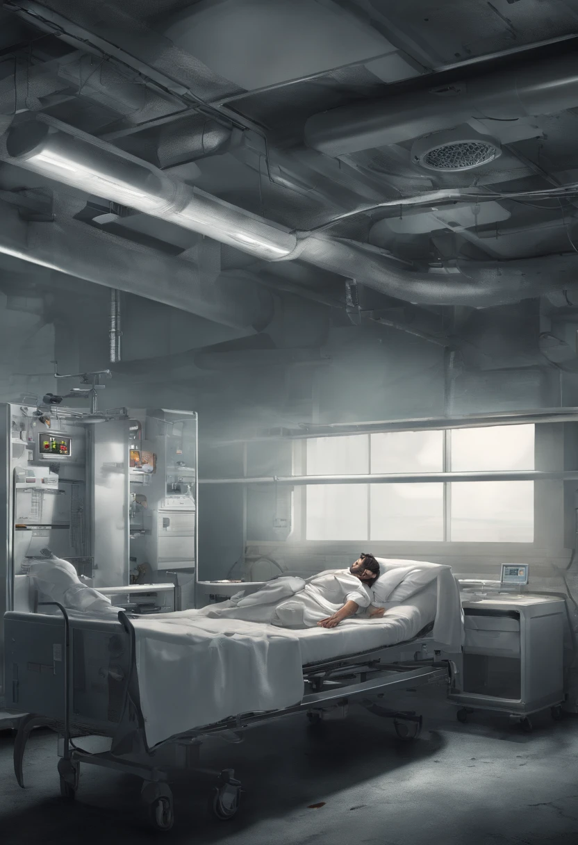 A scene of a man lying on a hospital bed。Completely realistic, , Full high resolution, Well made,detail-rich.